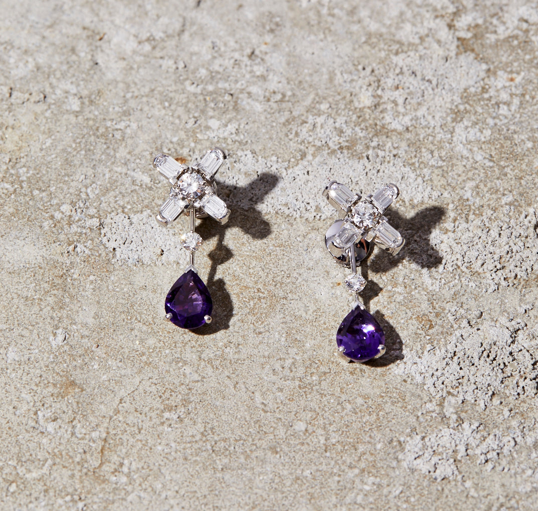 Arch Florale MM Stud Earrings, 18k White Gold with DAVIDOR Arch Cut Diamonds, Brilliant Diamonds and Amethyst Pear Shaped Drops - DAVIDOR