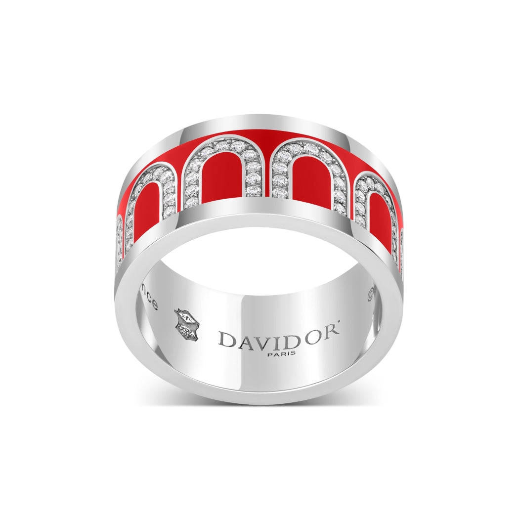L'Arc de DAVIDOR Ring GM, 18k White Gold with Fraise Lacquered Ceramic and Arcade Diamonds - DAVIDOR