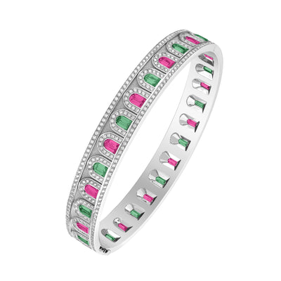 L’Arc Deco Platinum Bangle DAVIDOR Arch Cut Pink and Green Tourmalines and Brilliant Diamonds - DAVIDOR