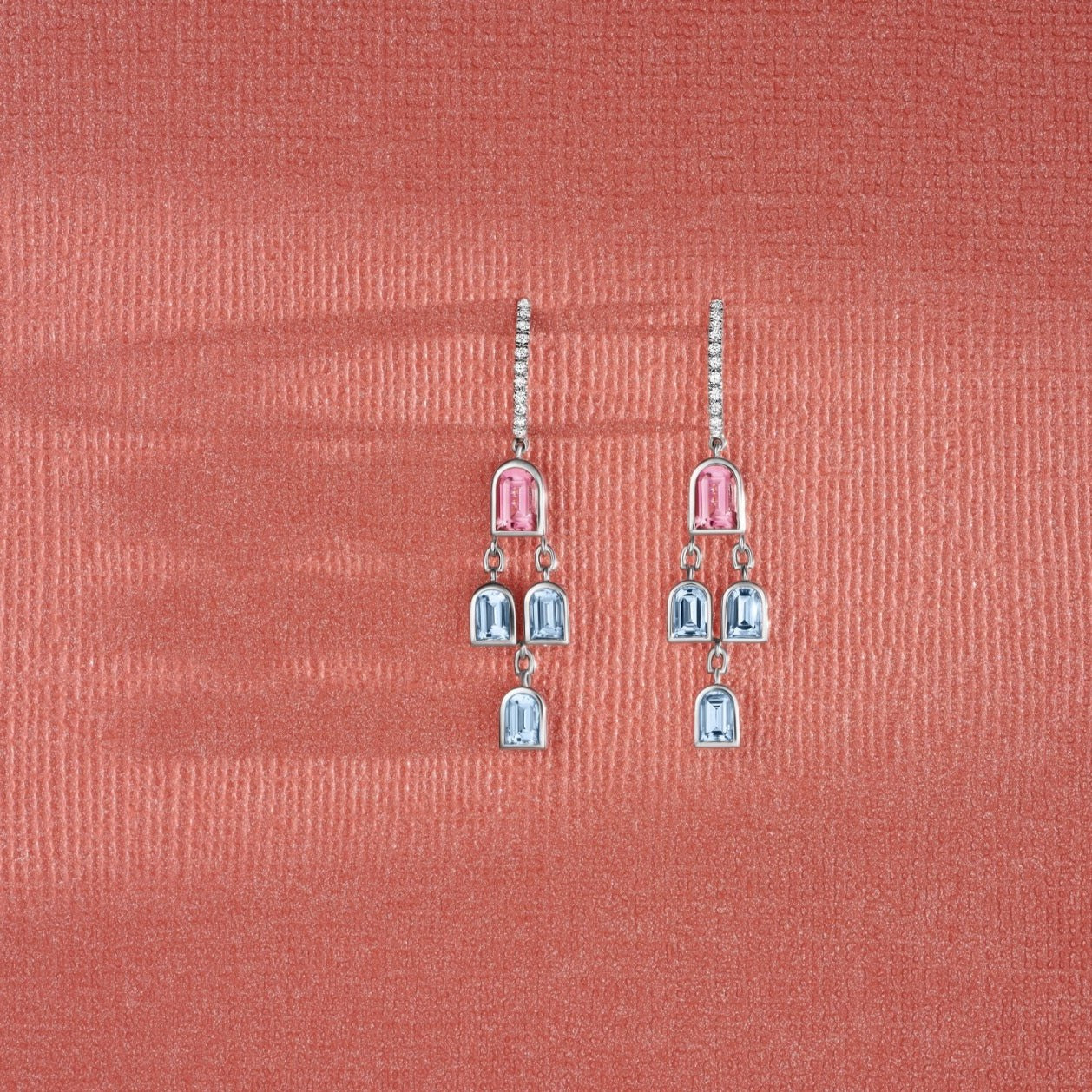 Mosaïque Arch Earrings, 18k White Gold with DAVIDOR Arch Cut Pink Tourmalines and Aquamarines - DAVIDOR