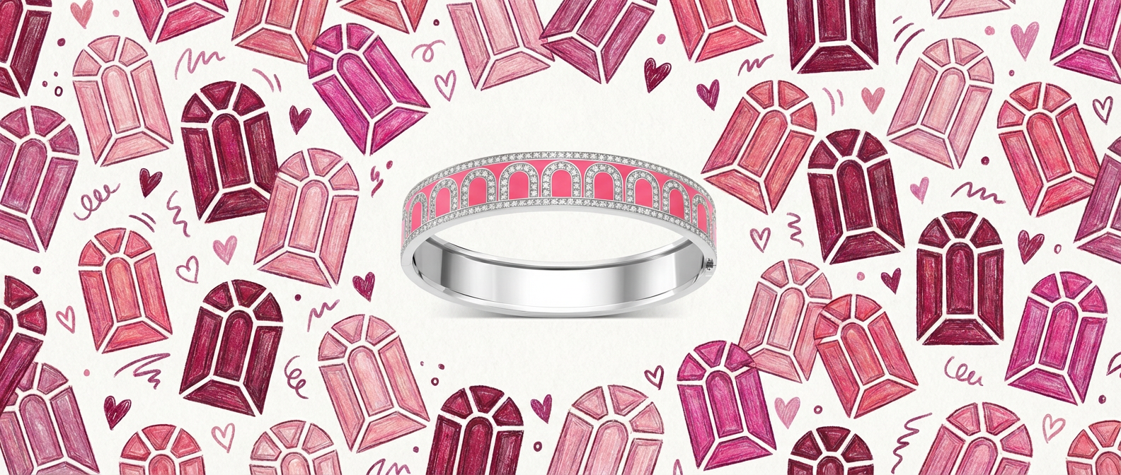 Six silver rings with pink and red enamel designs are arranged in the center, surrounded by hand-drawn pink and red hearts on a white background.