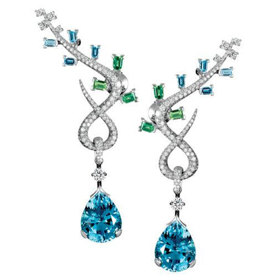 Feuillage High Jewelry Earrings, 18k White Gold with DAVIDOR Arch Cut Aquamarines and Green Tourmalines, Brilliant Diamonds and Pear shape Aquamarines - DAVIDOR