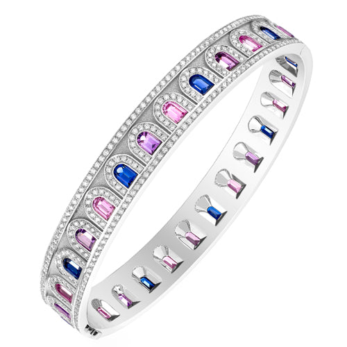 L'Arc Deco Bangle in Platinum with DAVIDOR Arch Cut Blue Pink and Violet Sapphires and Brilliant Diamonds - DAVIDOR