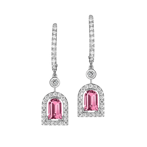 Couleur Sculptural Pendant Earring GM, 18k White Gold with DAVIDOR Arch Cut Pink Tourmaline and Brilliant Diamonds - DAVIDOR