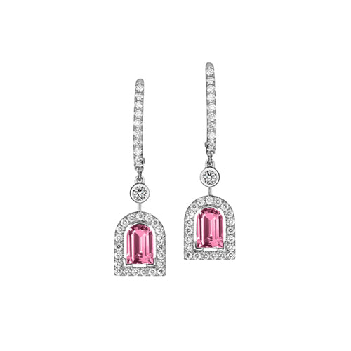 Couleur Sculptural Pendant Earring PM, 18k White Gold with DAVIDOR Arch Cut Pink Tourmaline and Brilliant Diamonds - DAVIDOR