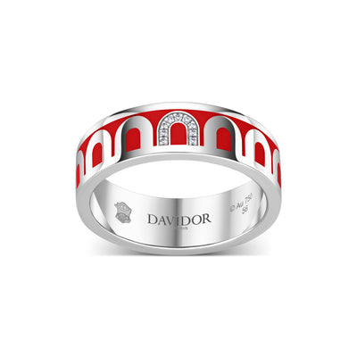 L’Arc de DAVIDOR Ring MM, 18k White Gold with Fraise Lacquered Ceramic and Porta Simple Diamonds - DAVIDOR