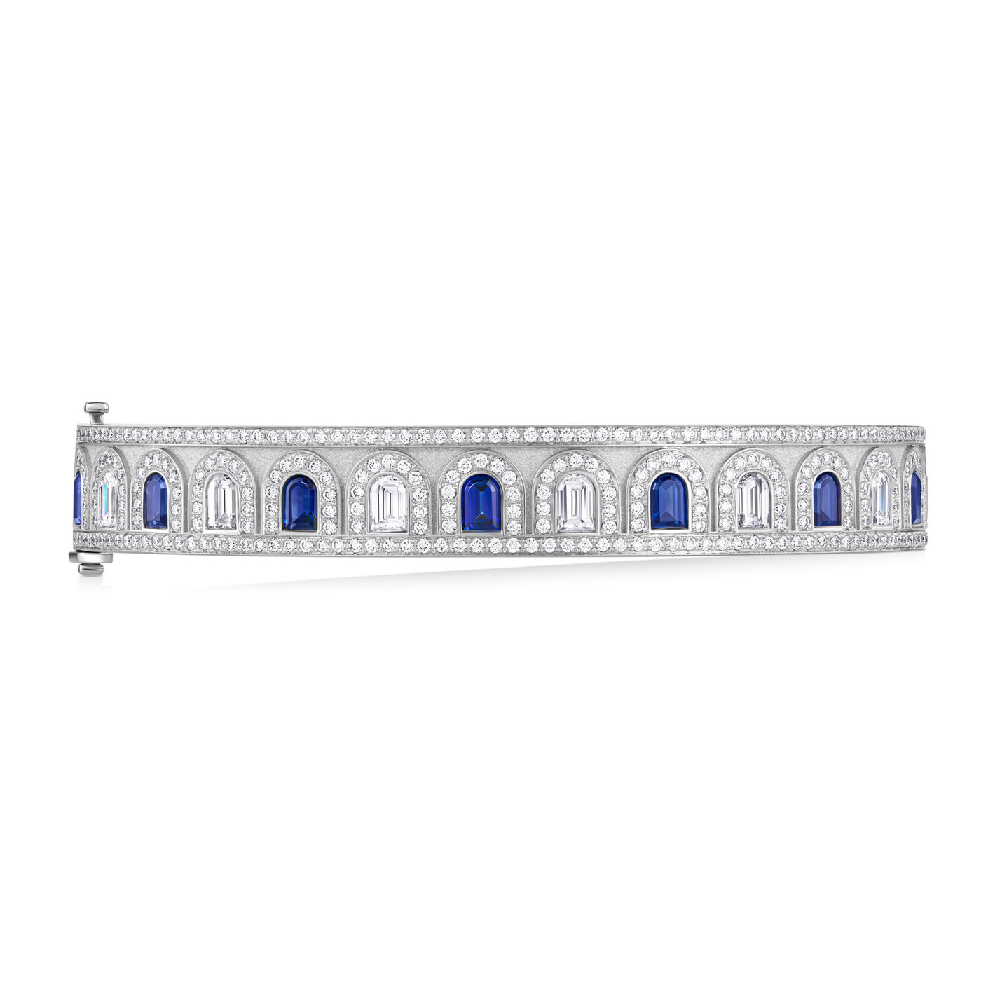 L'Arc Deco Bangle in Platinum with DAVIDOR Arch Cut Diamonds DAVIDOR Arch Cut Blue Sapphires and Brilliant Diamonds - DAVIDOR