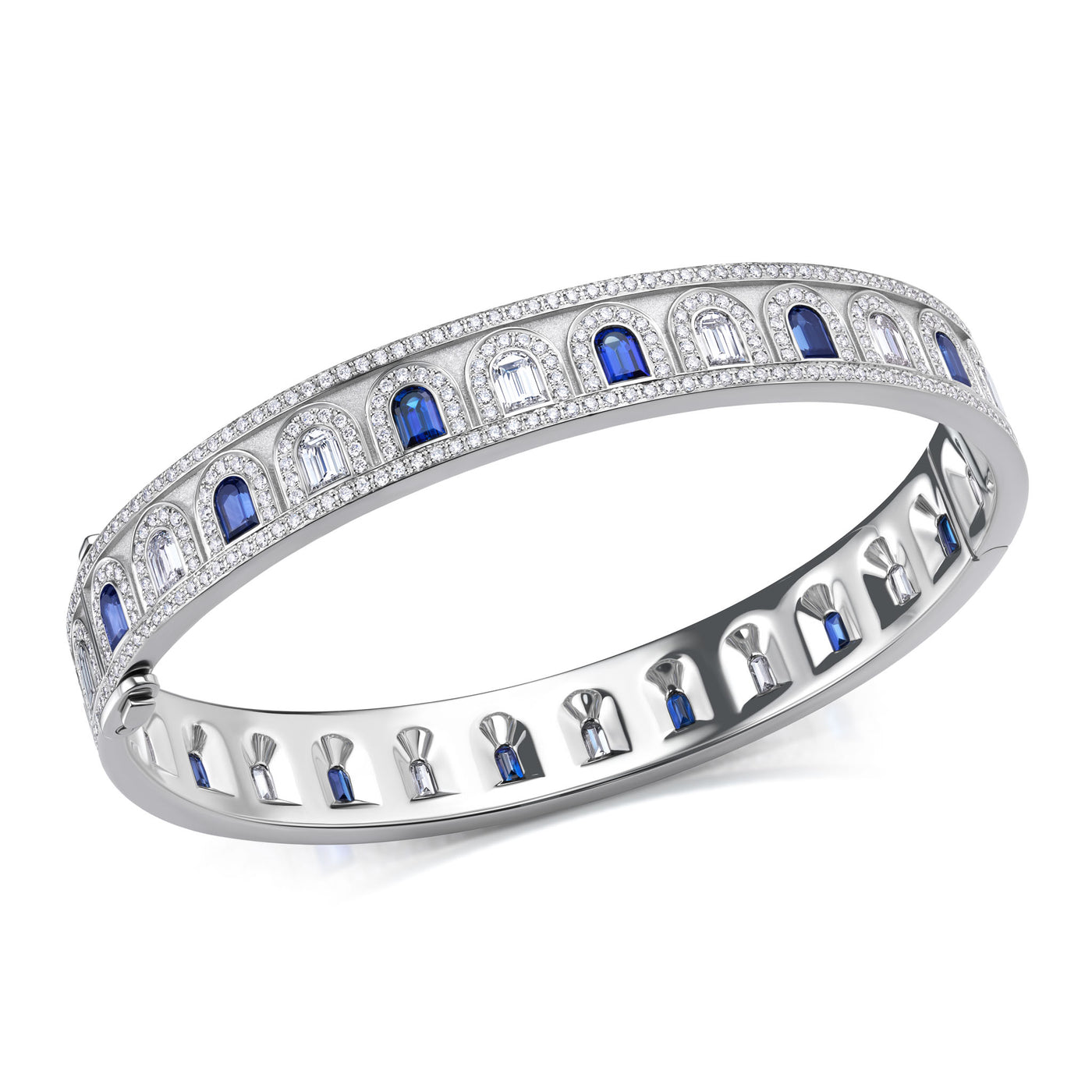 L'Arc Deco Bangle in Platinum with DAVIDOR Arch Cut Diamonds DAVIDOR Arch Cut Blue Sapphires and Brilliant Diamonds - DAVIDOR