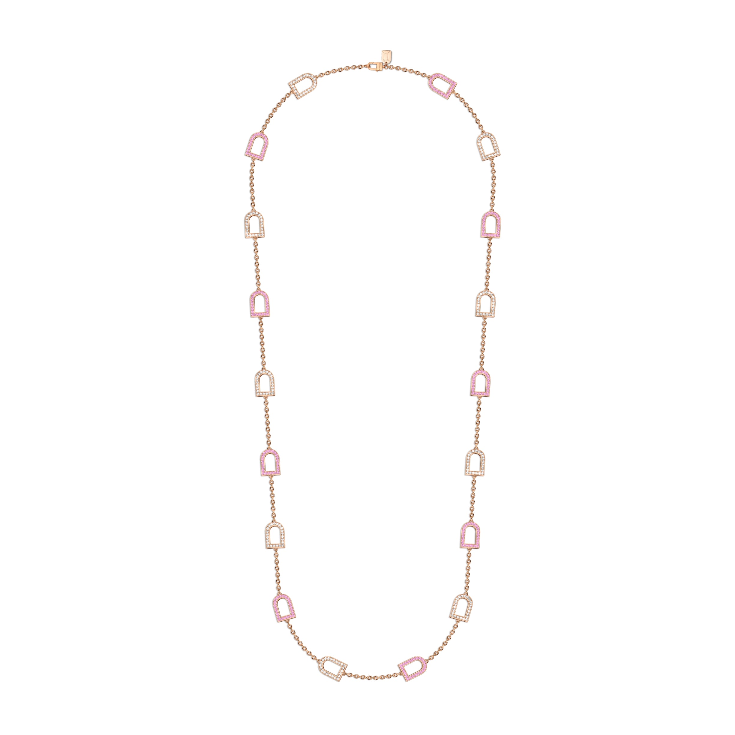 L'Arc Voyage Sautoir, 18k Rose Gold with 18 MM Arch Motifs Alternating Galerie Diamonds and Pink Sapphires - DAVIDOR