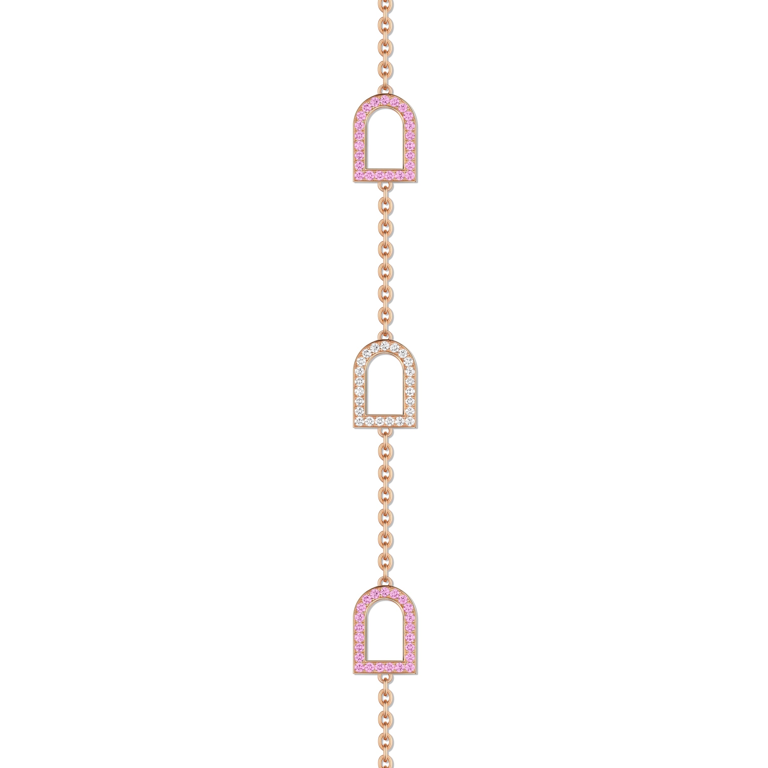 L'Arc Voyage Sautoir, 18k Rose Gold with 18 MM Arch Motifs Alternating Galerie Diamonds and Pink Sapphires - DAVIDOR