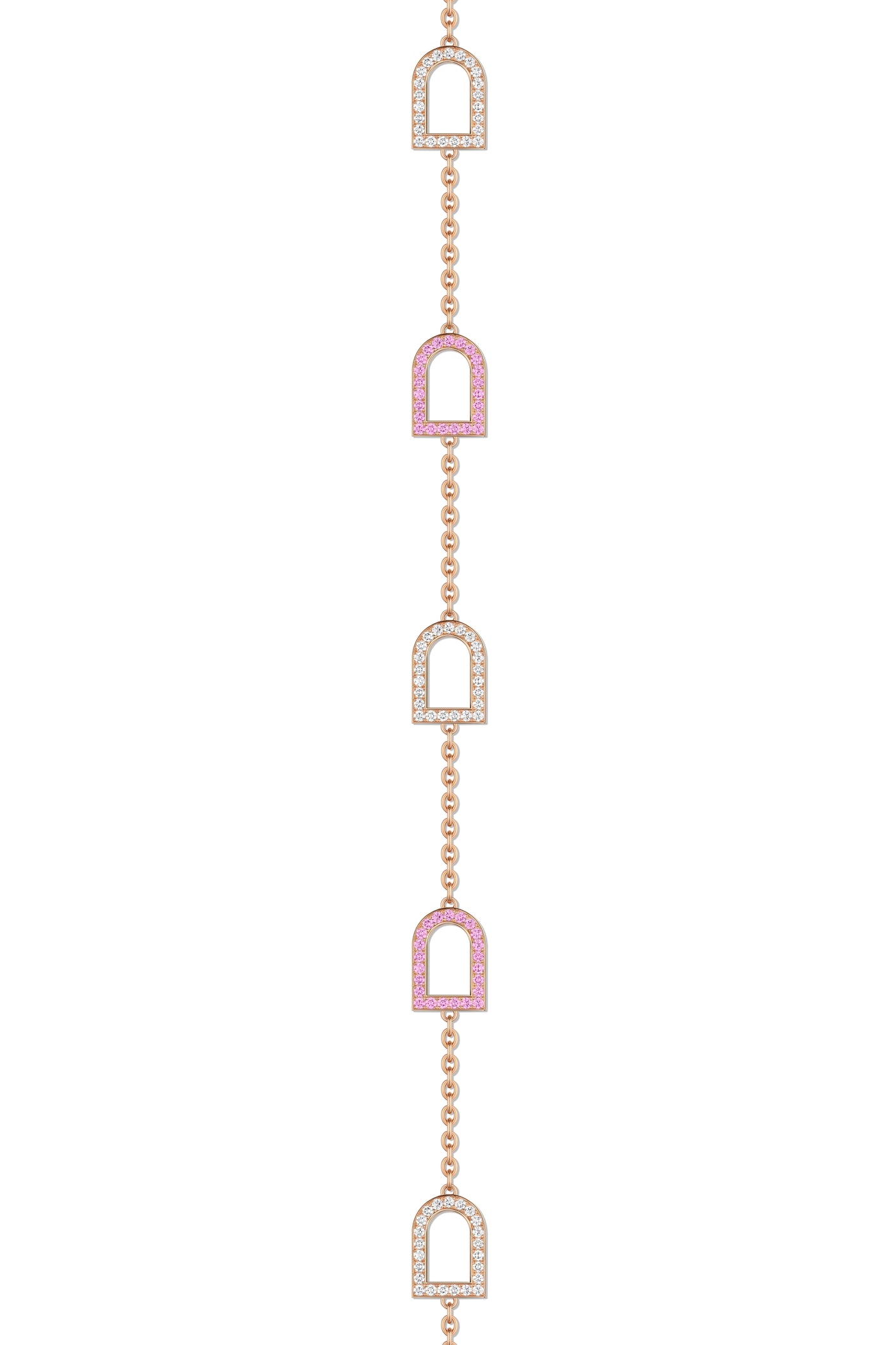 L'Arc Voyage Sautoir, 18k Rose Gold with 18 MM Arch Motifs Alternating Galerie Diamonds and Pink Sapphires - DAVIDOR