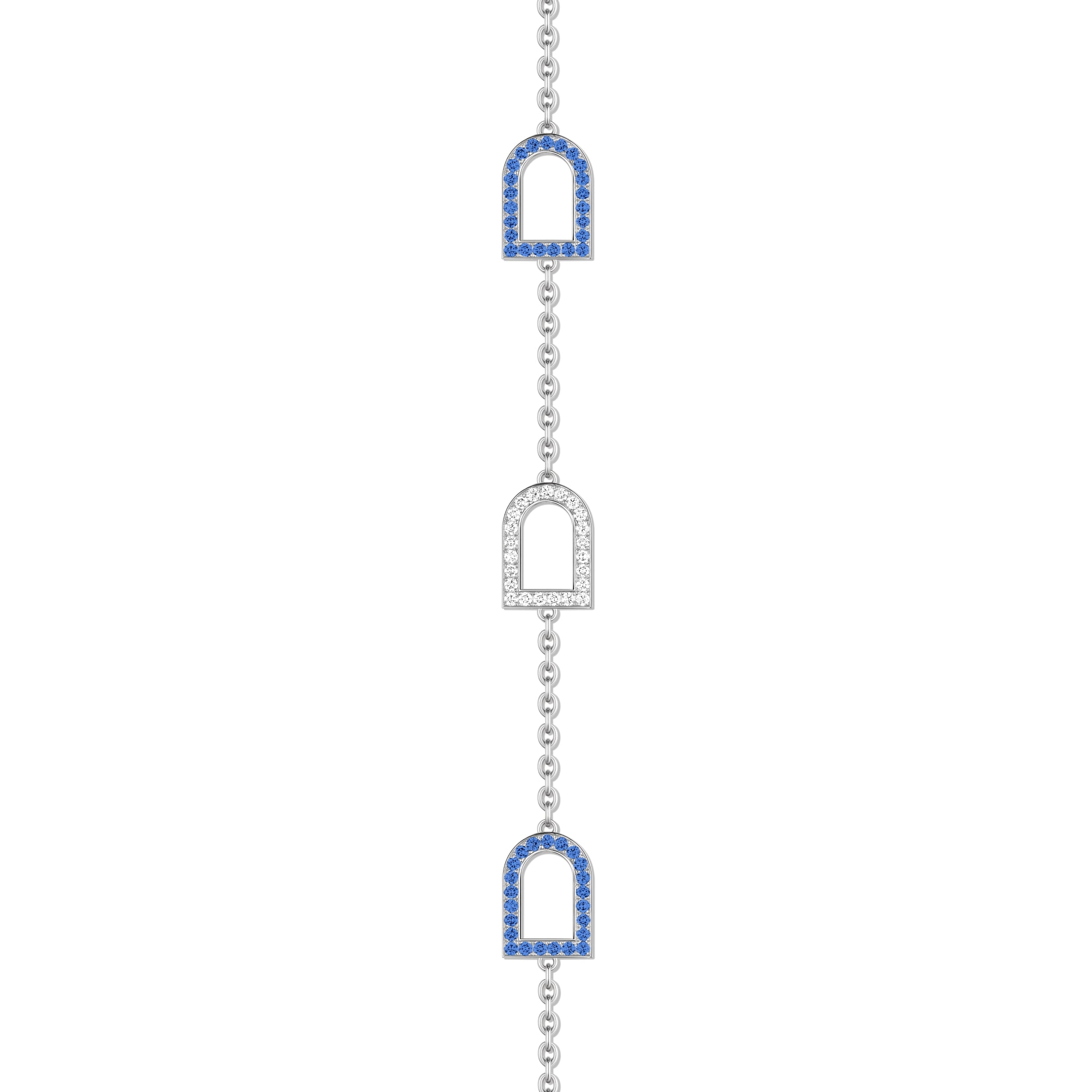 L'Arc Voyage Sautoir, 18k White Gold with 18 MM Arch Motifs Alternating Galerie Diamonds and Blue Sapphires - DAVIDOR