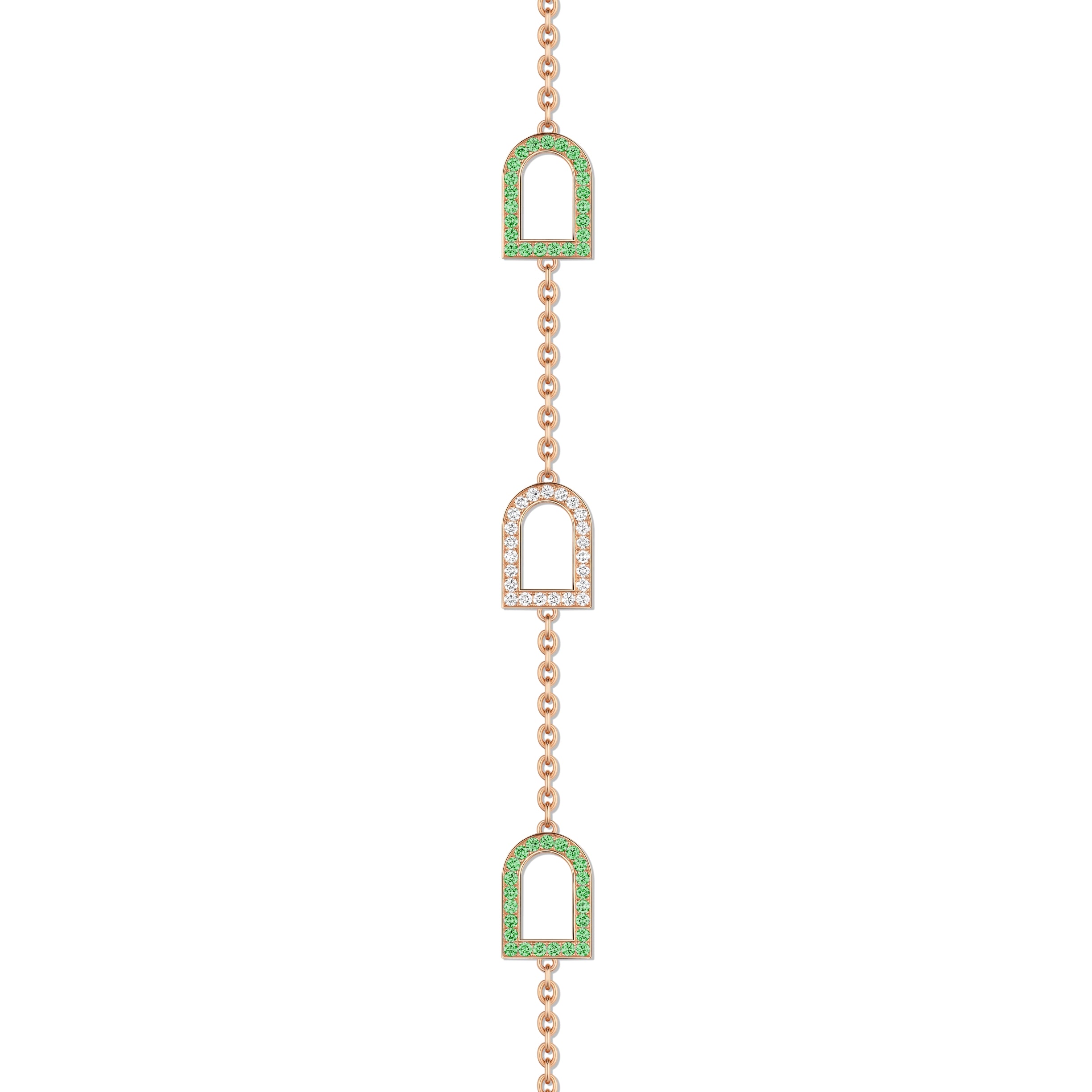 L'Arc Voyage Sautoir, 18k Rose Gold with 18 MM Arch Motifs Alternating Galerie Diamonds and Tsavorites - DAVIDOR