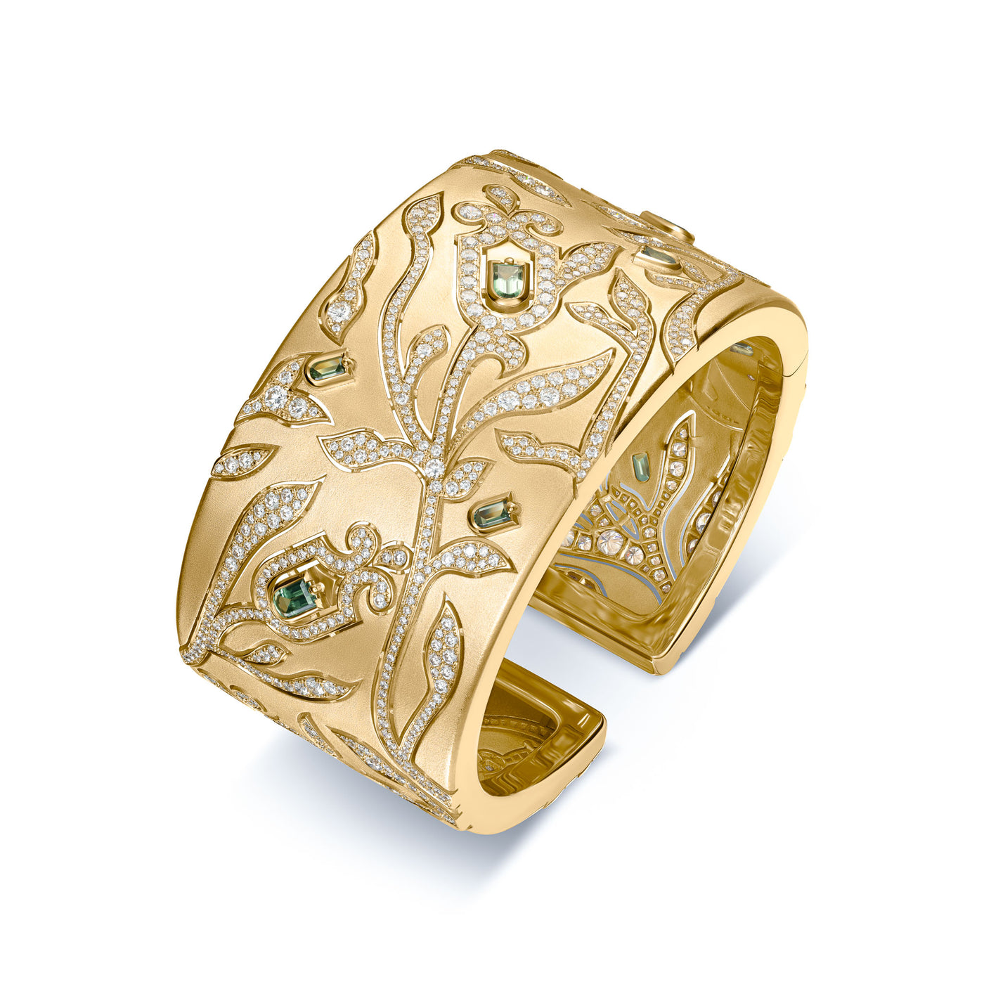 Feuillage Manchette, 18k Yellow Gold with Arch Cut Green Tourmalines and Brilliant Diamonds - DAVIDOR