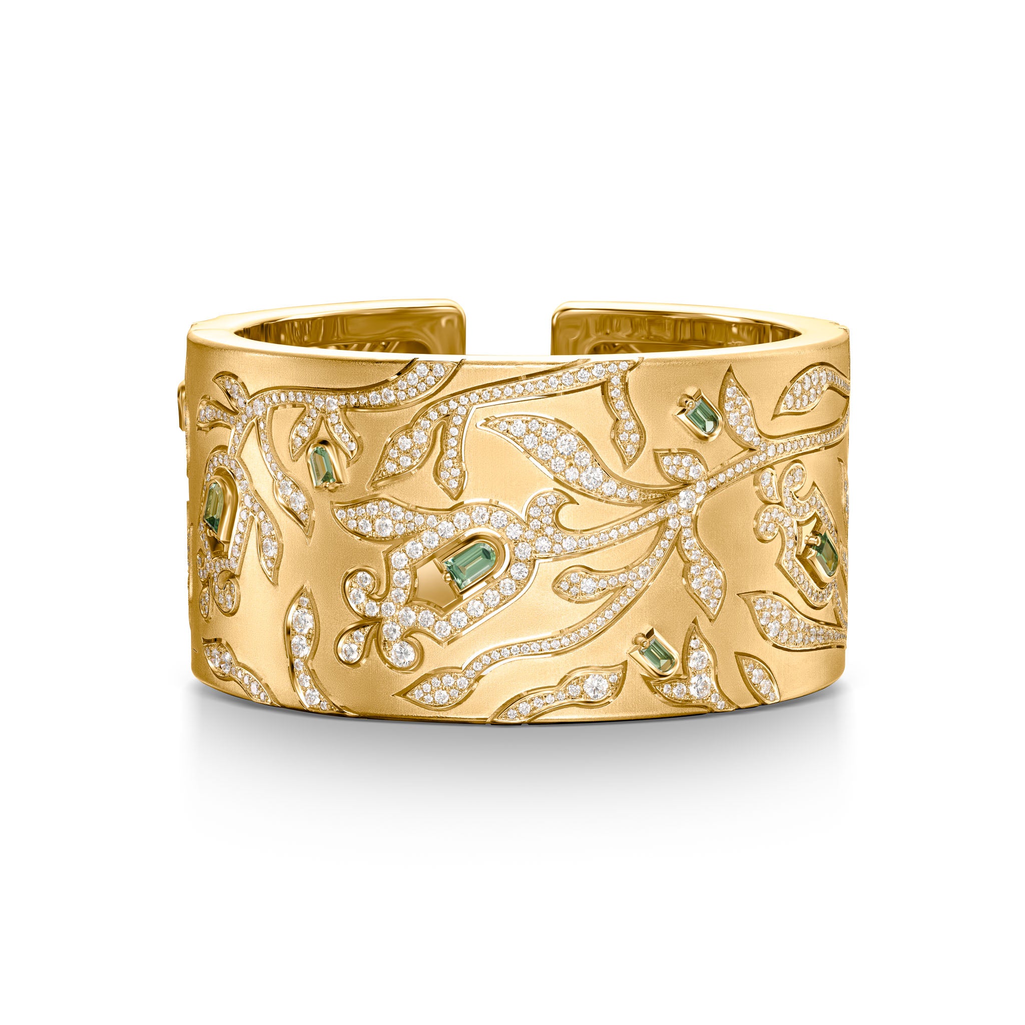 Feuillage Manchette, 18k Yellow Gold with Arch Cut Green Tourmalines and Brilliant Diamonds - DAVIDOR