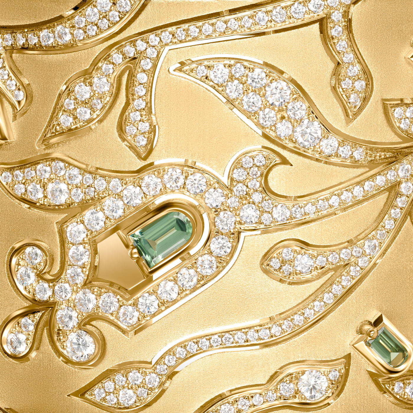 Feuillage Manchette, 18k Yellow Gold with Arch Cut Green Tourmalines and Brilliant Diamonds - DAVIDOR