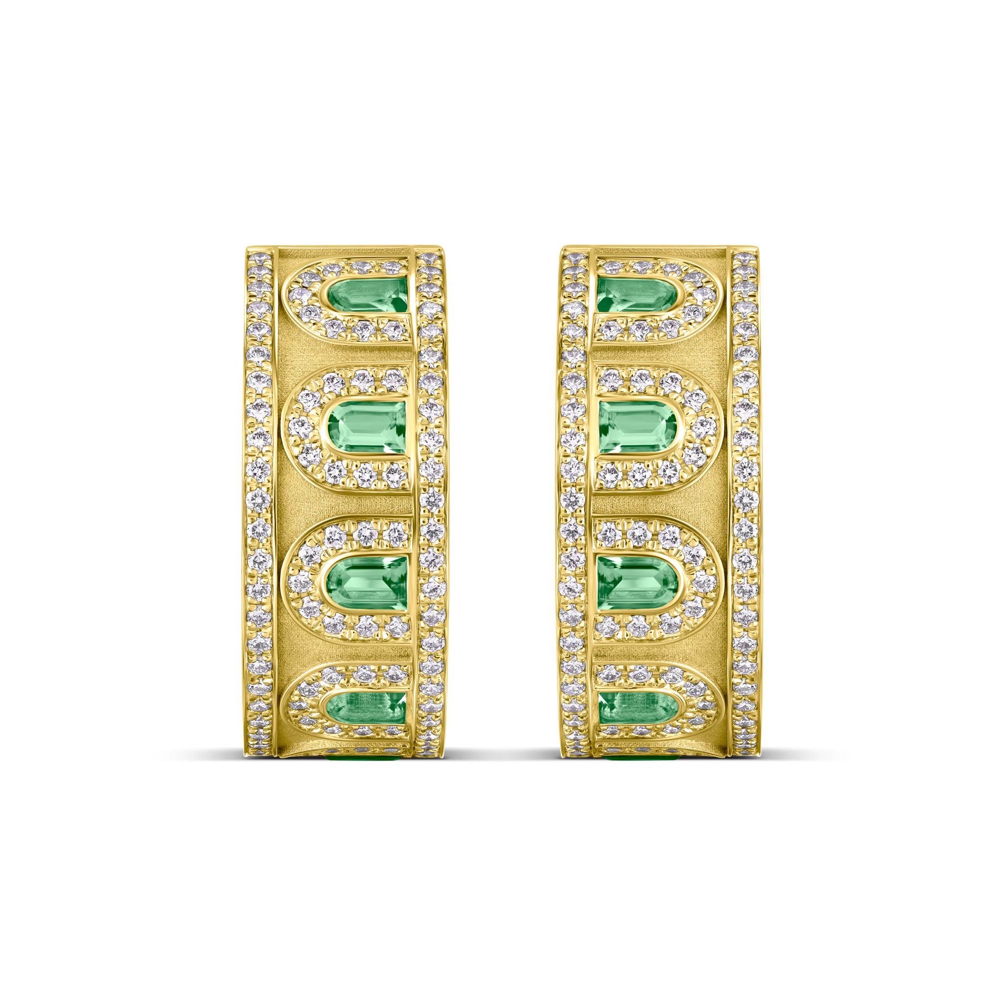 L'Arc Deco Creole Earring PM, 18k Yellow Gold with Arch Cut Green Tourmalines and Brilliant Diamonds - DAVIDOR