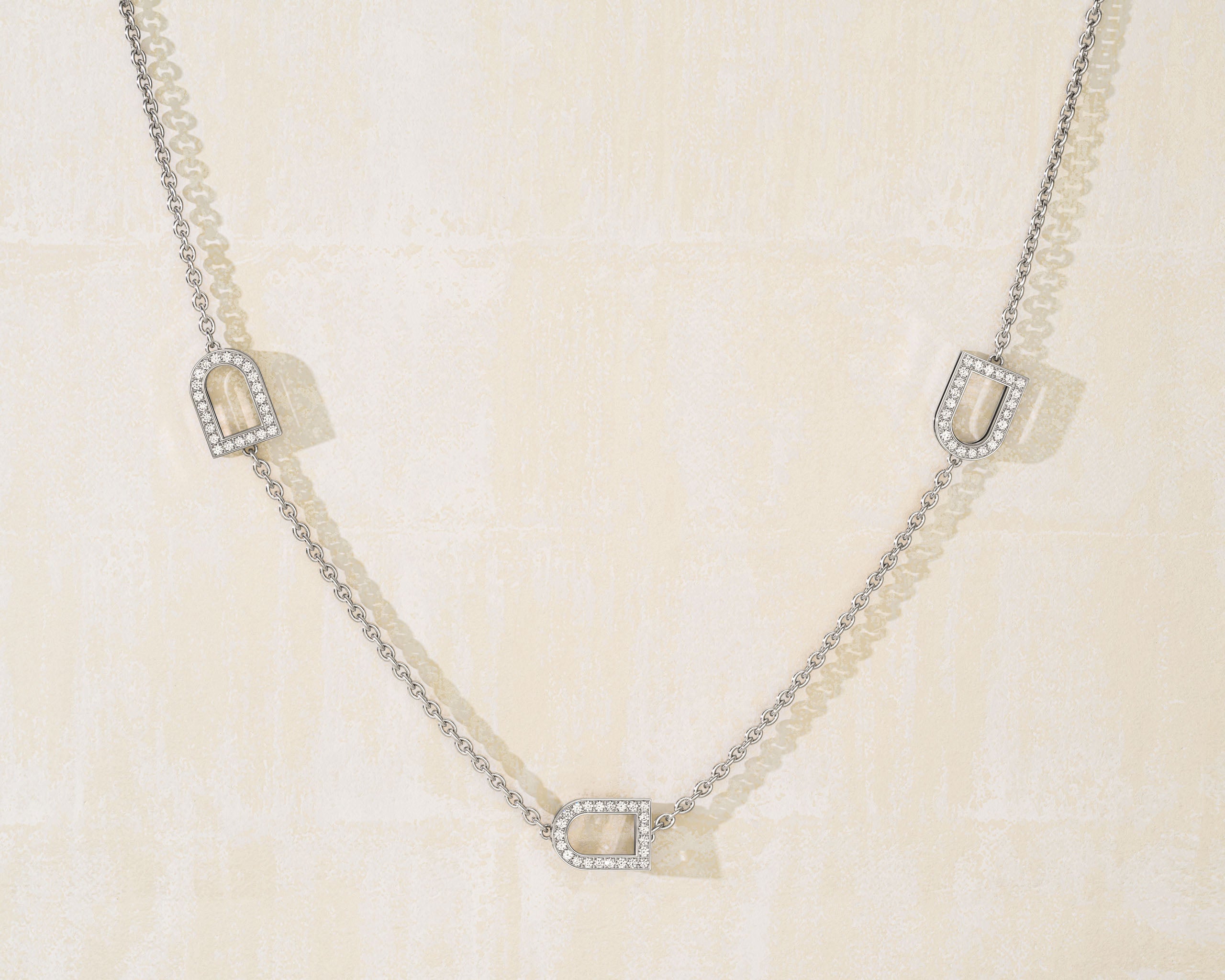 L'Arc Voyage Necklace, 18k White Gold with 3 GM Arch Motifs with Galerie Diamonds - DAVIDOR