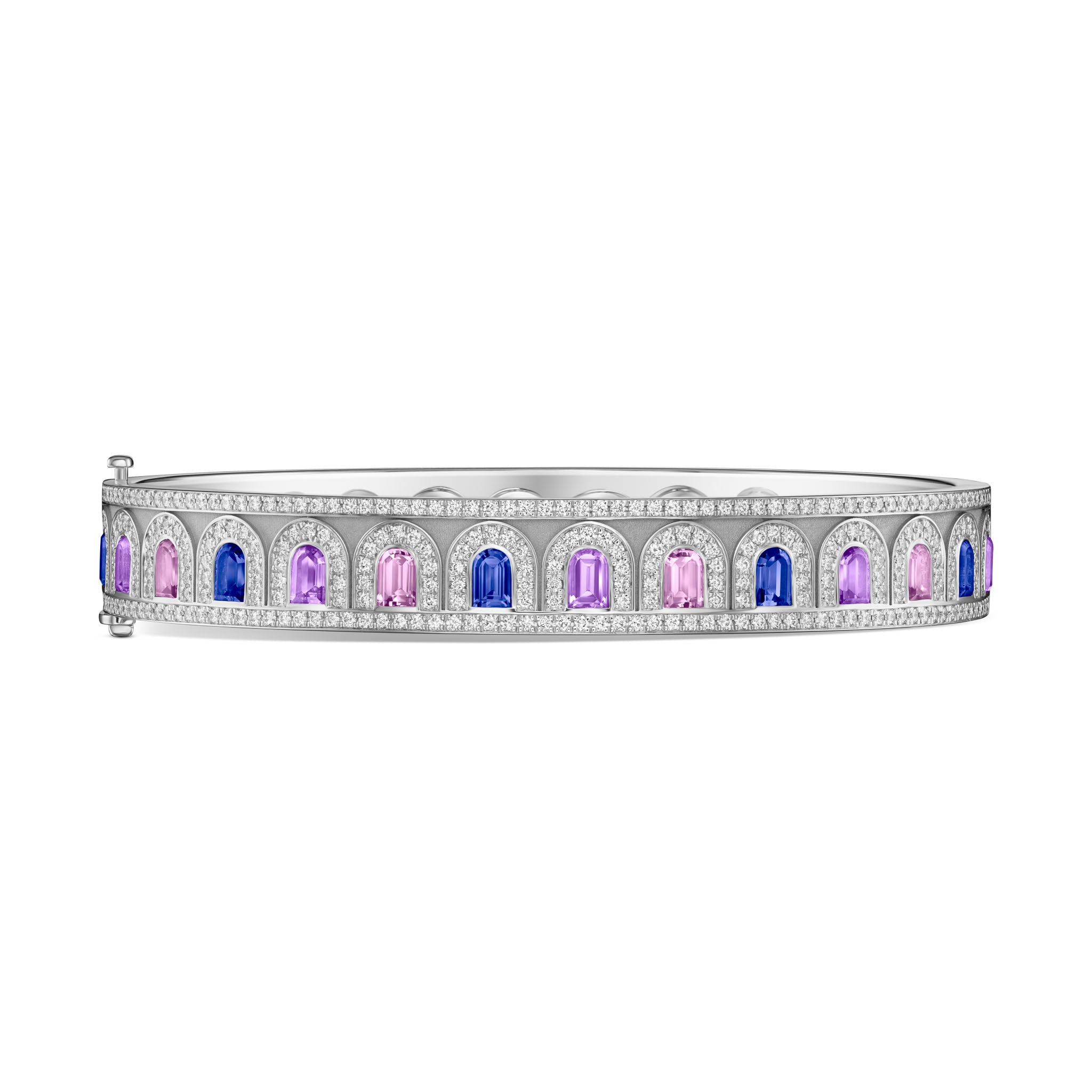 L'Arc Deco Bangle in Platinum with DAVIDOR Arch Cut Blue Pink and Violet Sapphires and Brilliant Diamonds - DAVIDOR