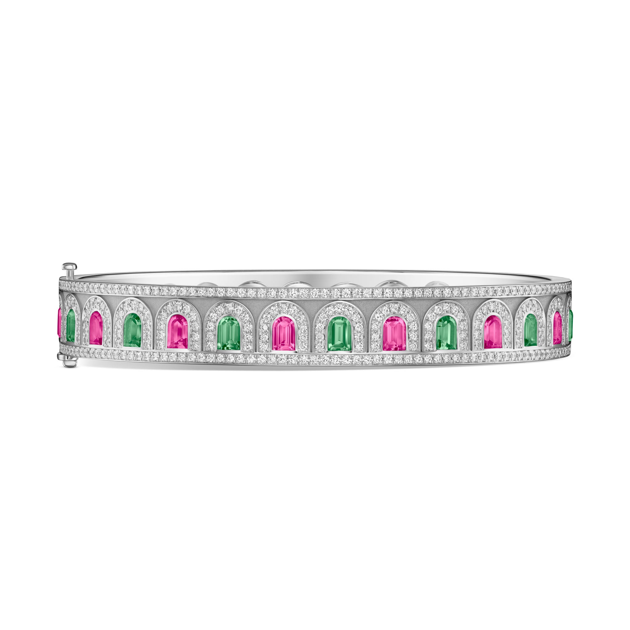 L’Arc Deco Platinum Bangle DAVIDOR Arch Cut Pink and Green Tourmalines and Brilliant Diamonds - DAVIDOR