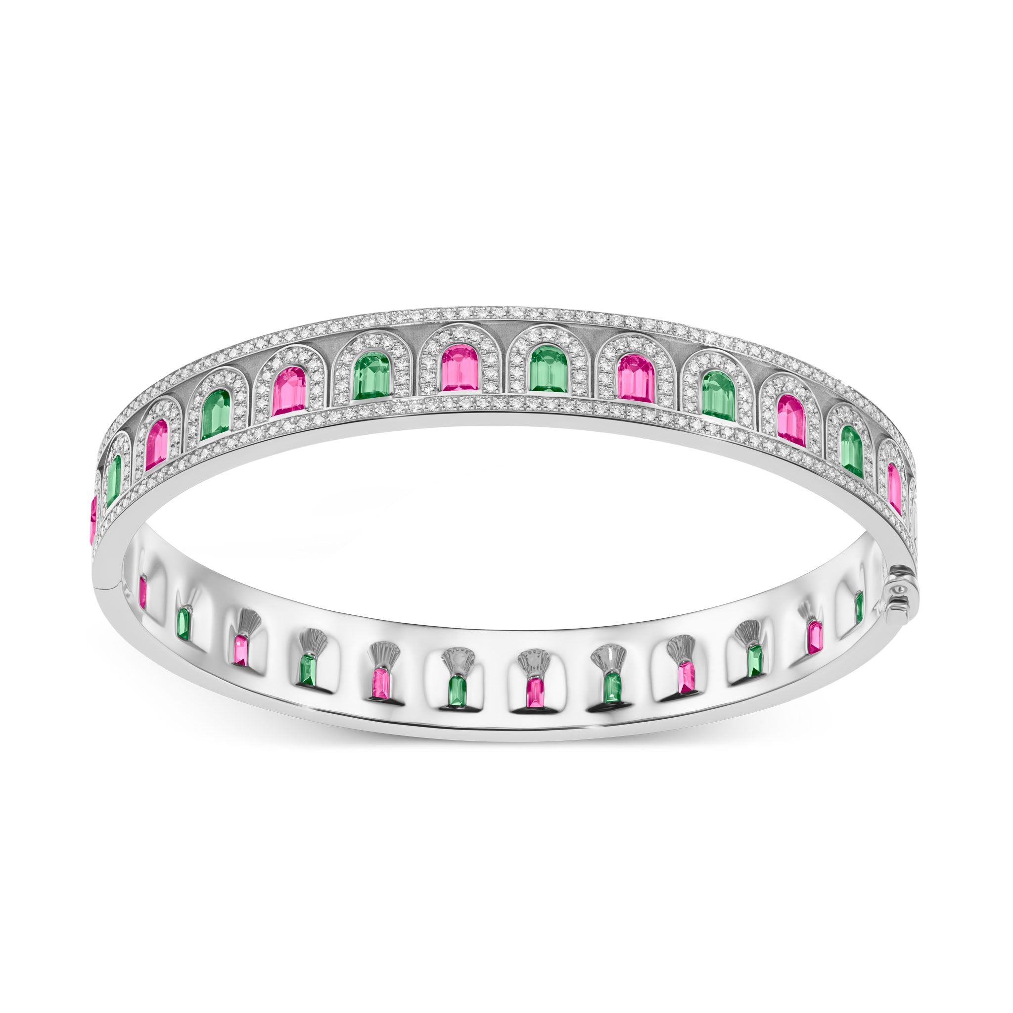 L’Arc Deco Platinum Bangle DAVIDOR Arch Cut Pink and Green Tourmalines and Brilliant Diamonds - DAVIDOR