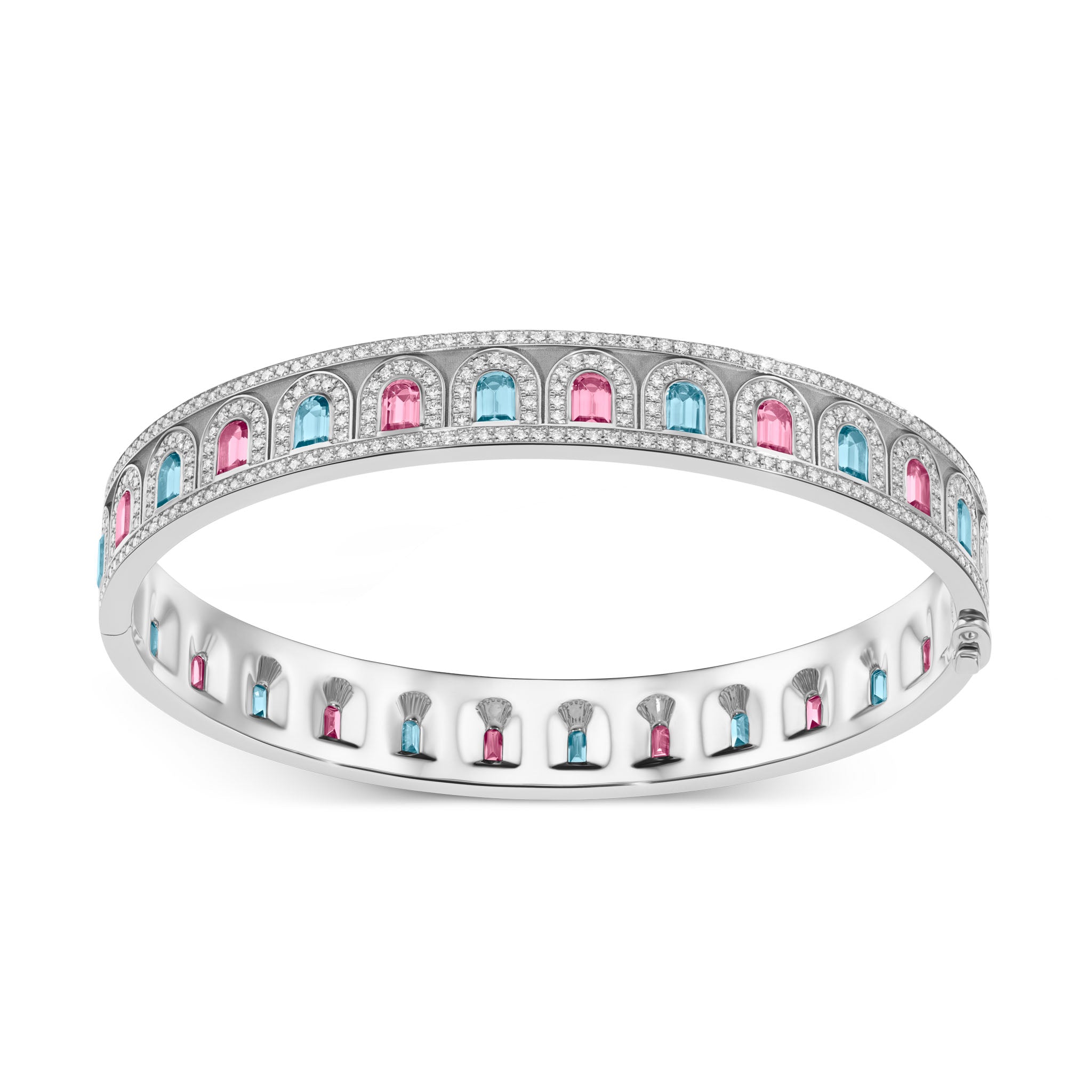 L'Arc Deco Bangle in Platinum with DAVIDOR Arch Cut Aquamarines DAVIDOR Arch Cut Pink Tourmalines and Brilliant Diamonds - DAVIDOR