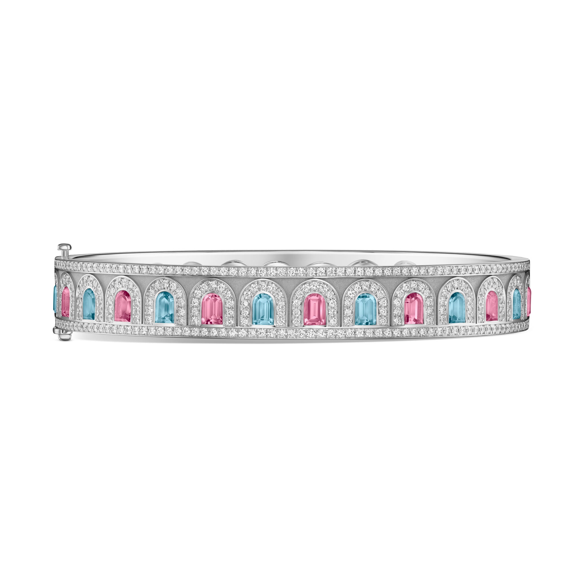 L'Arc Deco Bangle in Platinum with DAVIDOR Arch Cut Aquamarines DAVIDOR Arch Cut Pink Tourmalines and Brilliant Diamonds - DAVIDOR