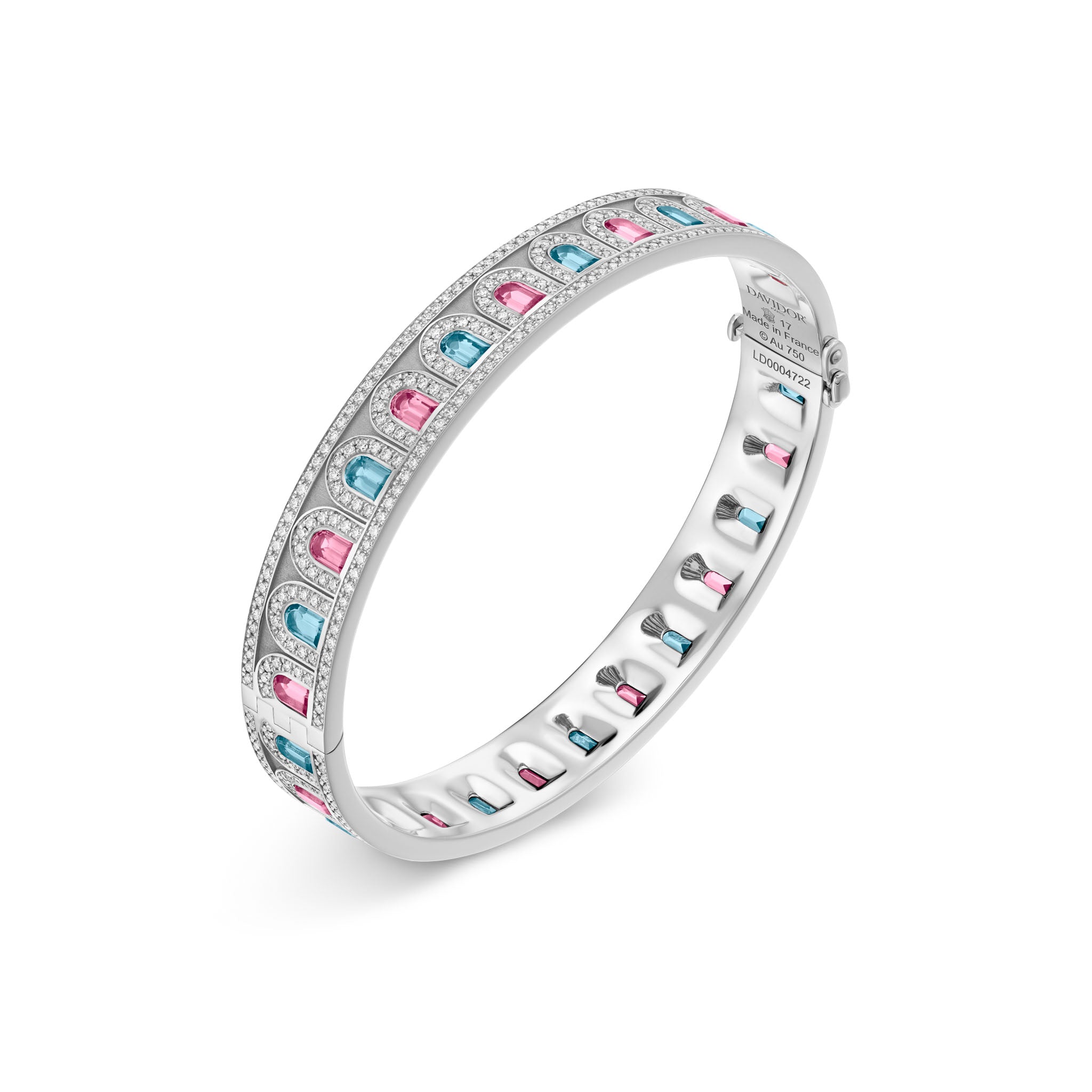 L'Arc Deco Bangle in Platinum with DAVIDOR Arch Cut Aquamarines DAVIDOR Arch Cut Pink Tourmalines and Brilliant Diamonds - DAVIDOR