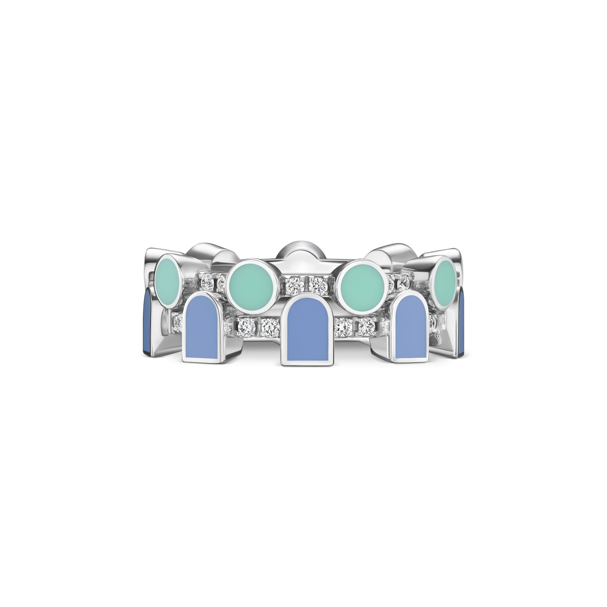 The Coïncidence Ring in Palm Beach features alternating round turquoise and blue lacquered ceramic arch motifs in 18k white gold, highlighted with sparkling brilliant diamonds arranged around the band.