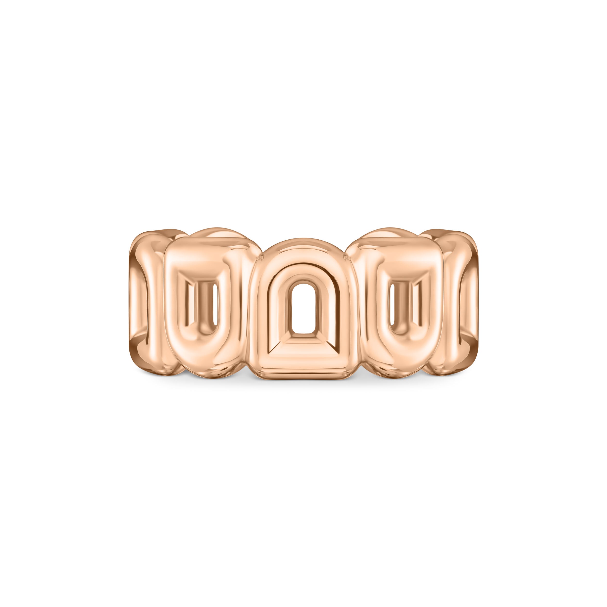 The Pop Arc Ring MM in 18k rose gold features bold, geometric repeating arch patterns on a medium-width band; this contemporary jewelry piece is shown against a plain white background.