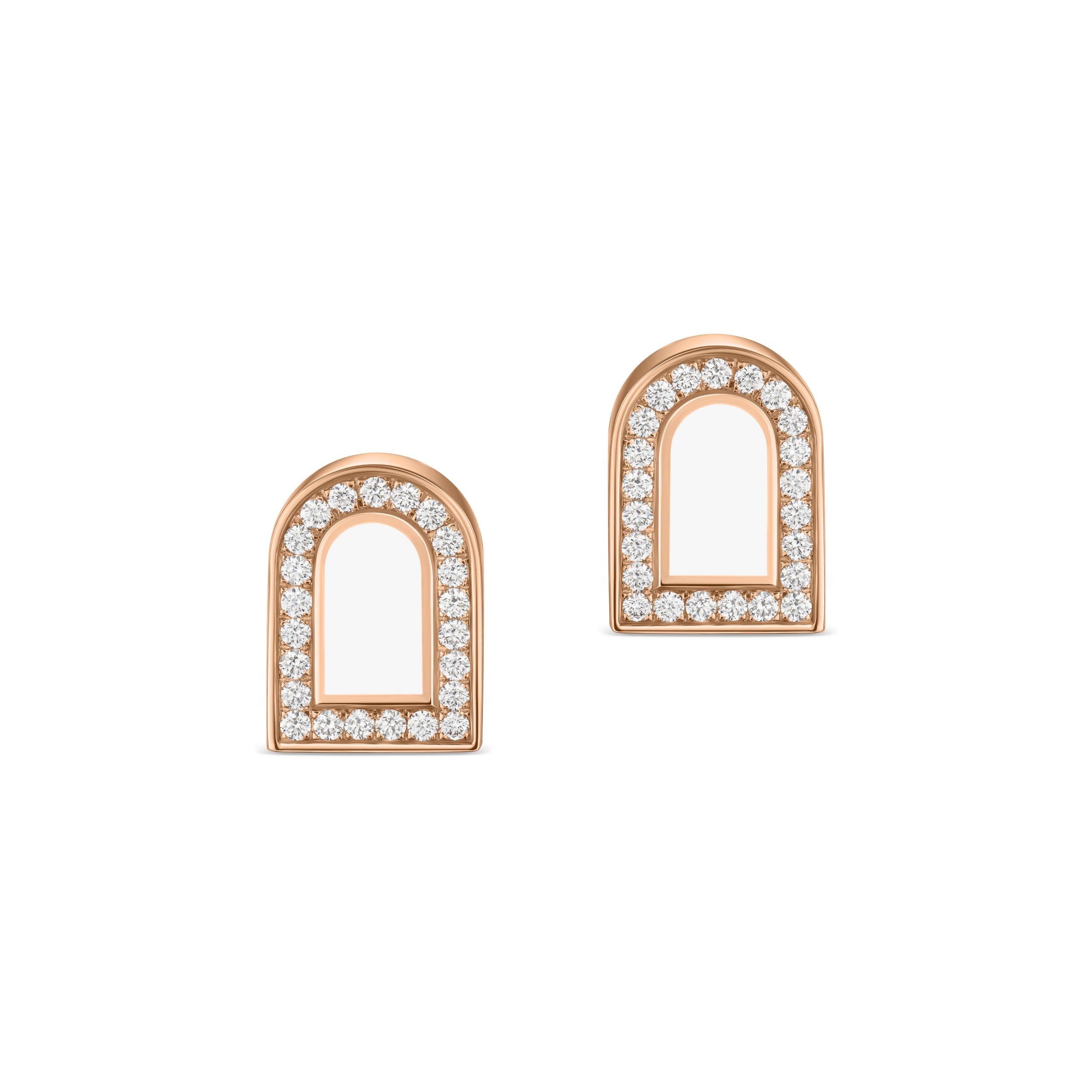 A pair of DAVIDOR L'Arc Voyage Stud Earring PM in 18k rose gold with Neige lacquered ceramic arches, beautifully crafted and made in France, displayed on a plain white background.