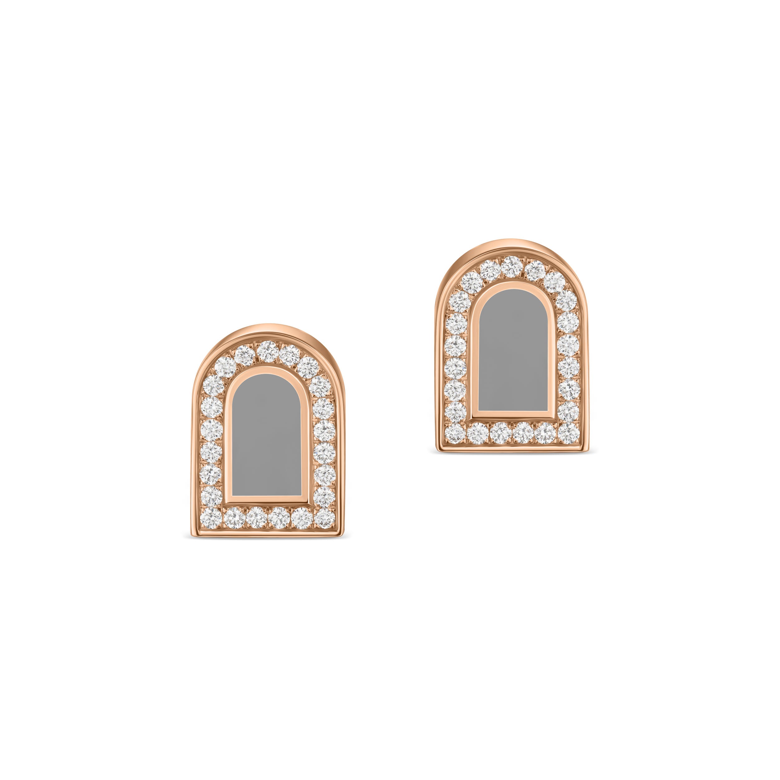 L'Arc Voyage Stud Earring PM by DAVIDOR, crafted in France from 18k rose gold with anthracite lacquered ceramic and an arched design, accented by sparkling white gemstones.
