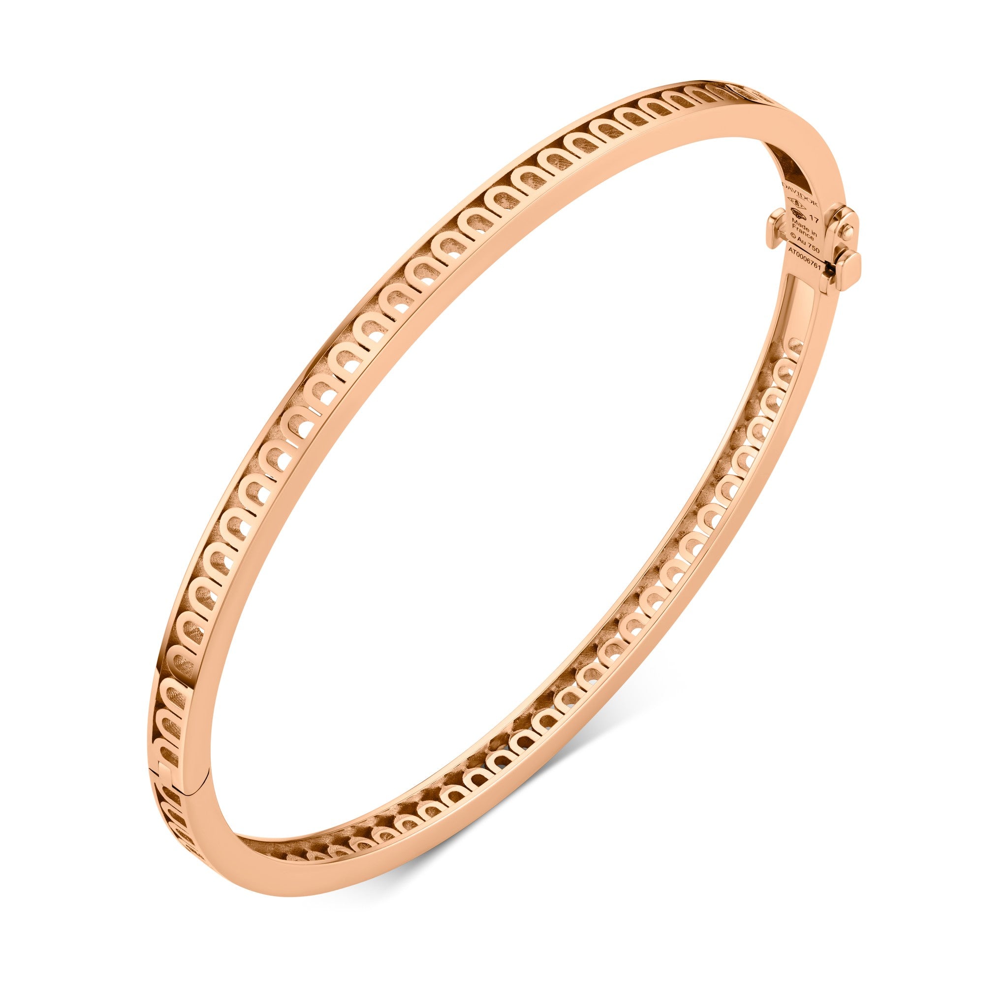 The L’Arc Treille Bangle Mini, 18k Rose Gold, is a stackable bracelet featuring the signature DAVIDOR Arch pattern cut-out and a secure clasp closure.