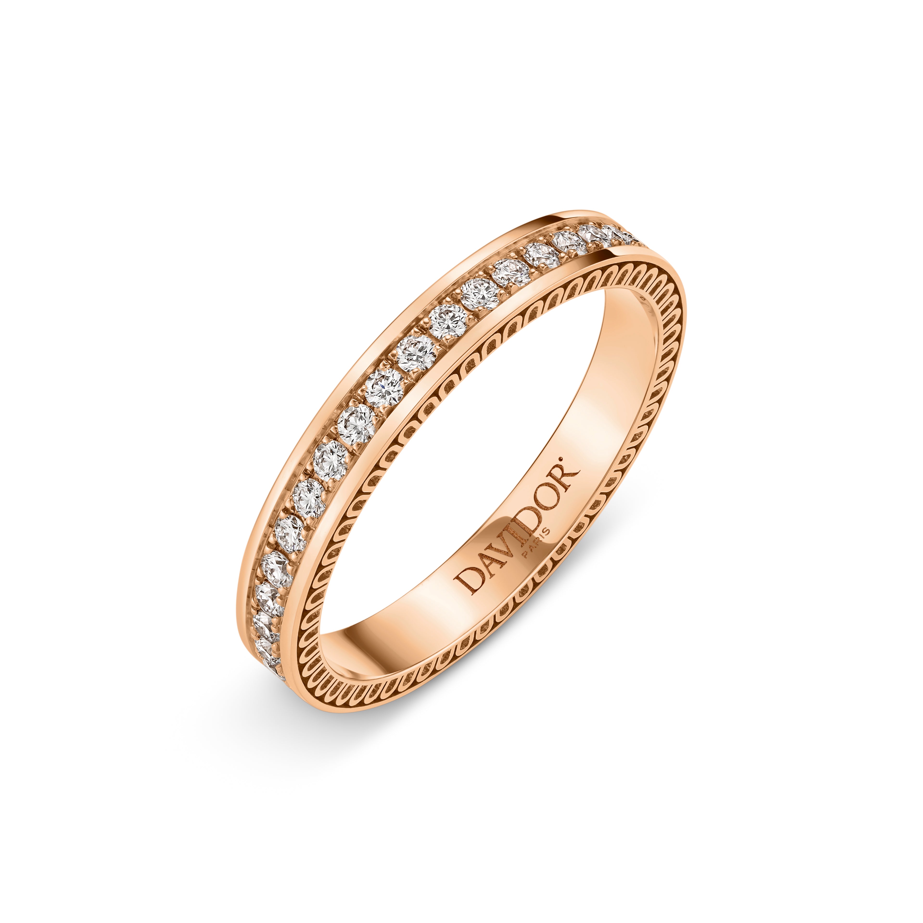 Handcrafted in Paris, the L’Arc Détail Ring PM, 18k Rose Gold with Brilliant Diamonds features a row of small round diamonds and a rope-textured edge, with DAYDOR engraved inside.