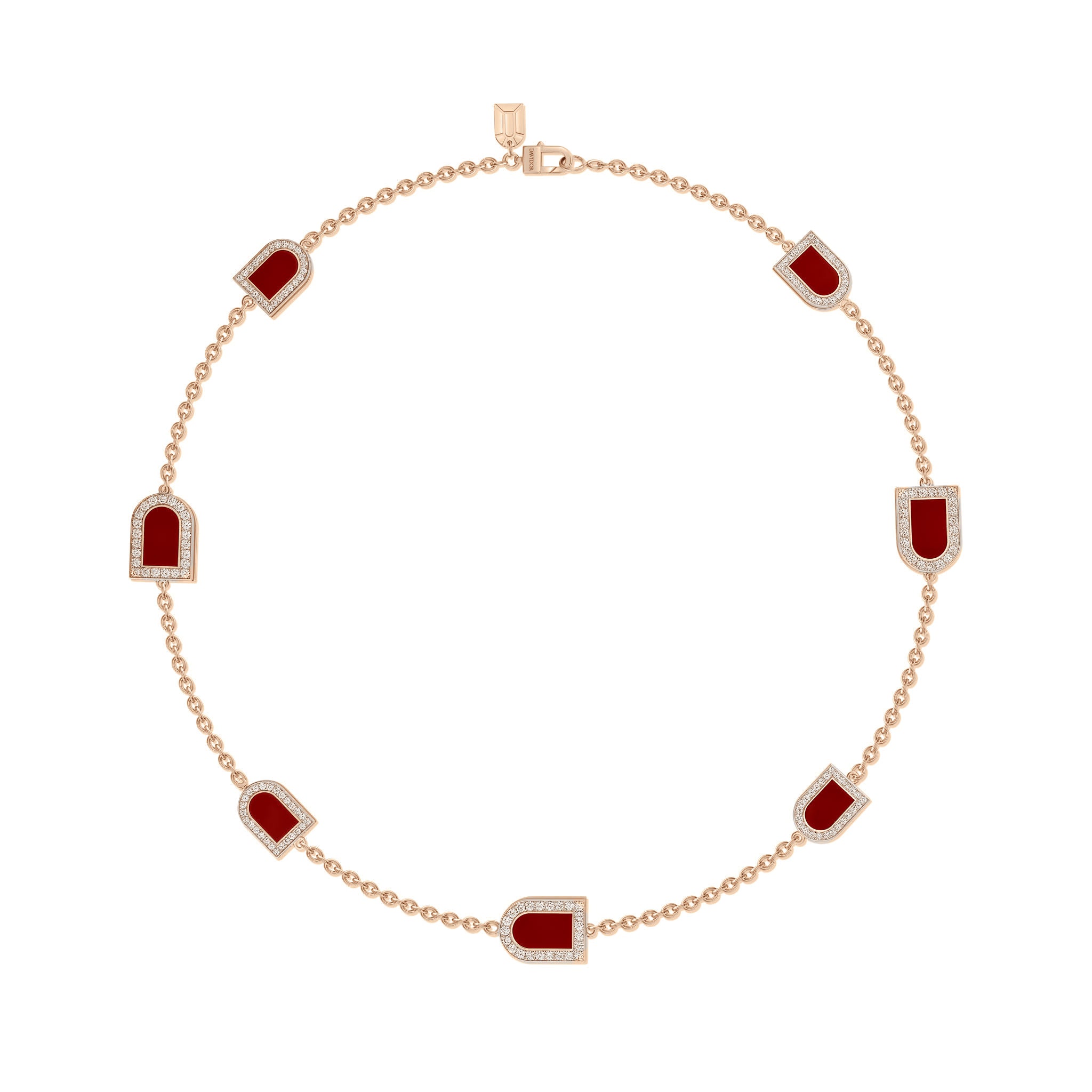 L'Arc Voyage Necklace, 18k Rose Gold with 4 MM and 3 GM Motifs, with DAVIDOR Bordeaux Lacquered Ceramic and Galerie Diamonds - DAVIDOR
