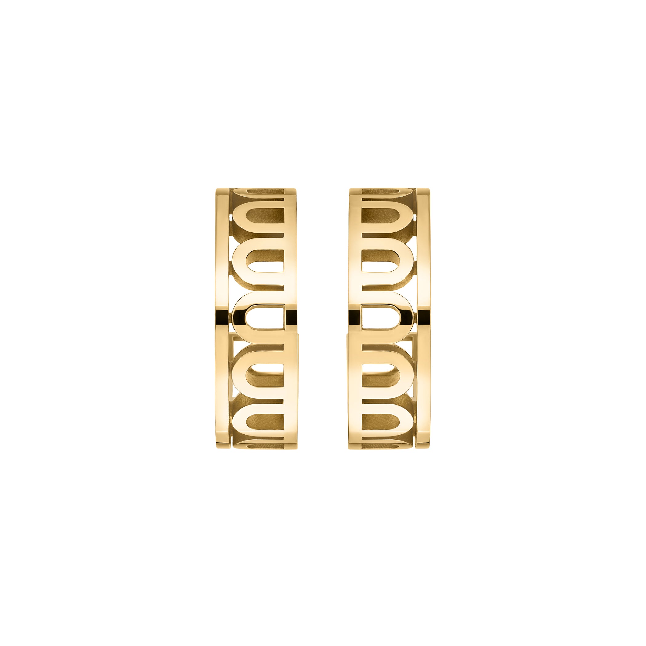 L’Arc Treille Creole Earring PM Mini, 18k Yellow Gold, features a cut-out geometric design and is displayed on a white background.