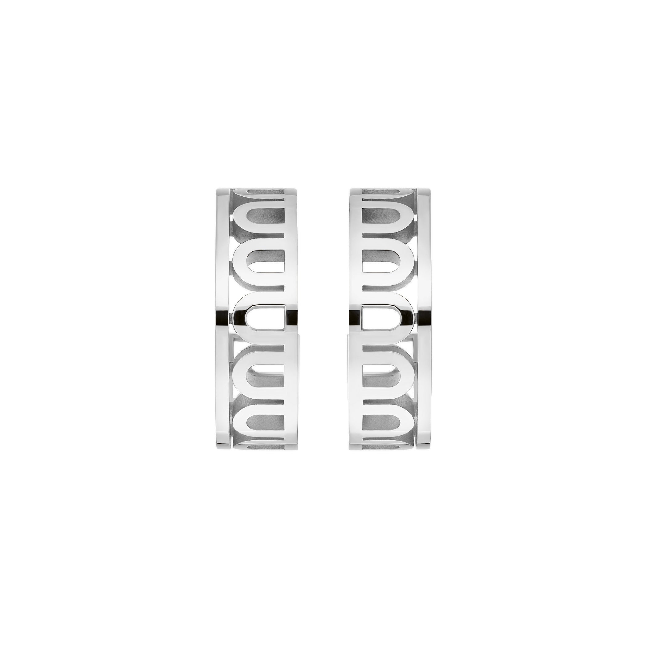 The L’Arc Treille Creole Earring PM Mini, 18k White Gold, features a cut-out geometric design in silver hoops, shown on a white background.