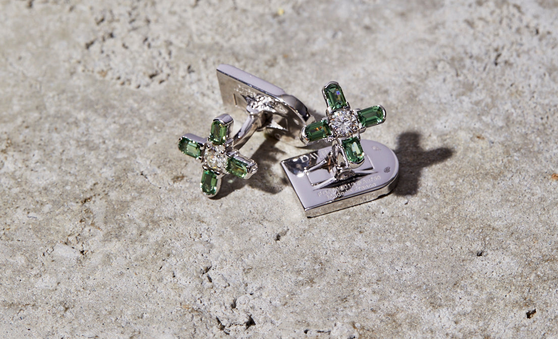 Arch Florale MM Cufflinks, 18k White Gold, Arch Cut Green Tourmaline and Brilliant Diamonds - DAVIDOR