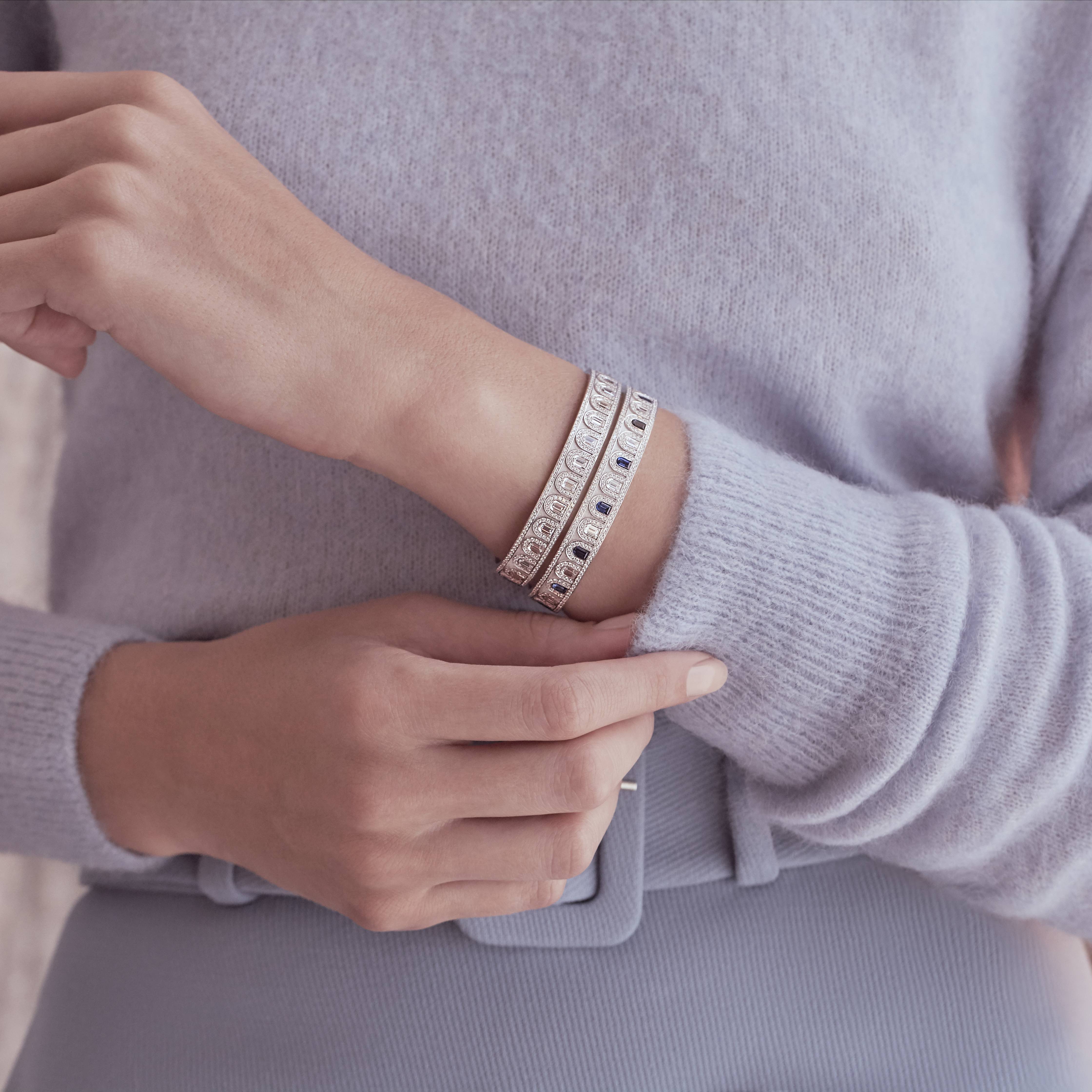 L'Arc Deco Bangle in Platinum with DAVIDOR Arch Cut Diamonds DAVIDOR Arch Cut Blue Sapphires and Brilliant Diamonds - DAVIDOR