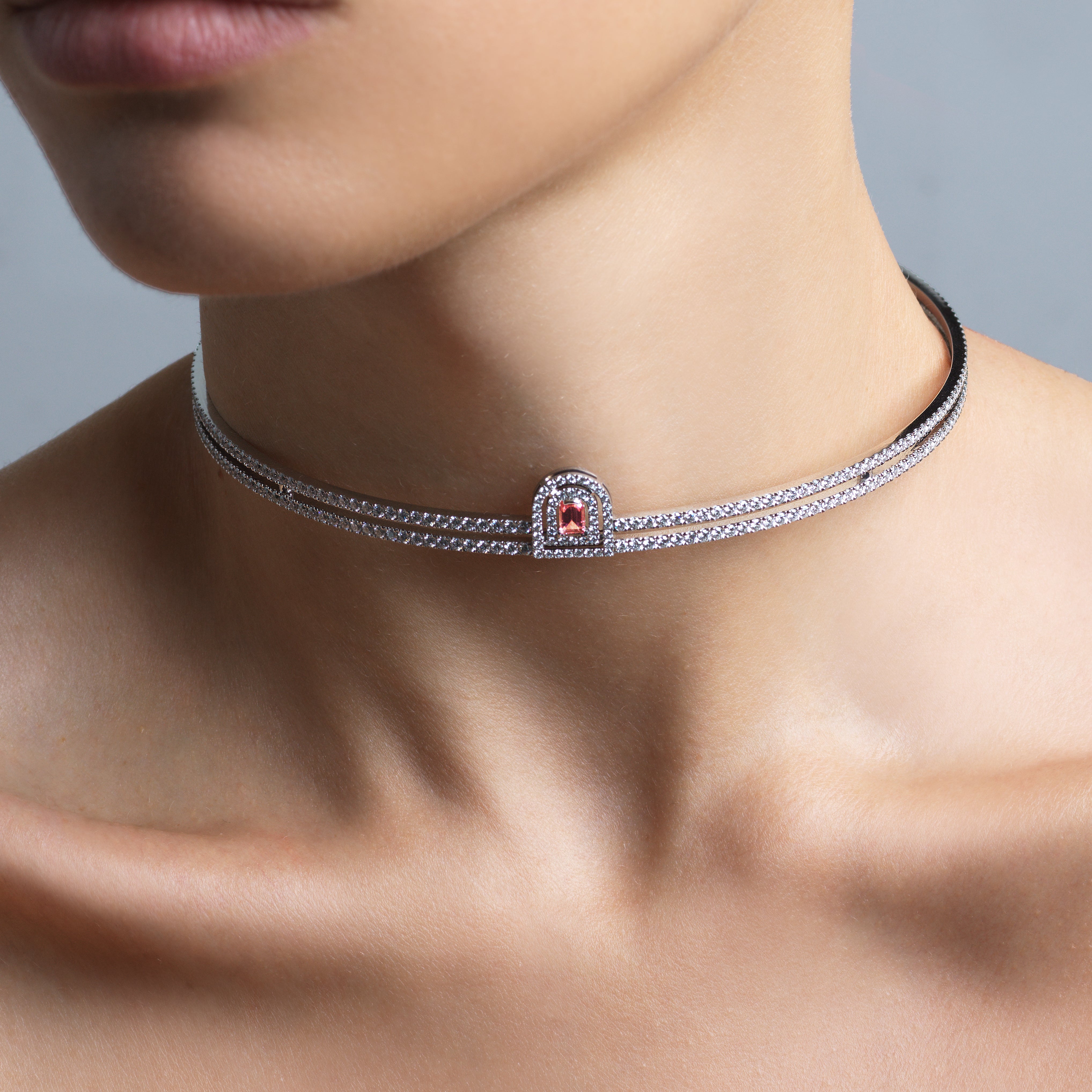 Couleur Sculptural Choker, 18k White Gold with DAVIDOR Arch Cut Pink Tourmaline and Brilliant Diamonds - DAVIDOR