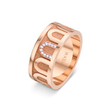The L’Arc de DAVIDOR Ring GM, crafted in 18k rose gold with a satin finish and featuring the signature Arch pattern cut-outs along with a section set with Porta Simple diamonds, shown against a white background.