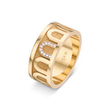 Certainly! Here’s the rewritten sentence using the product data you provided: Wide 18k yellow gold L’Arc de DAVIDOR Ring GM, featuring a satin finish and geometric cutout design accented with Porta Simple diamonds. Inspired by French handcrafted jewelry traditions, the interior is engraved with the DAVIDOR brand name.