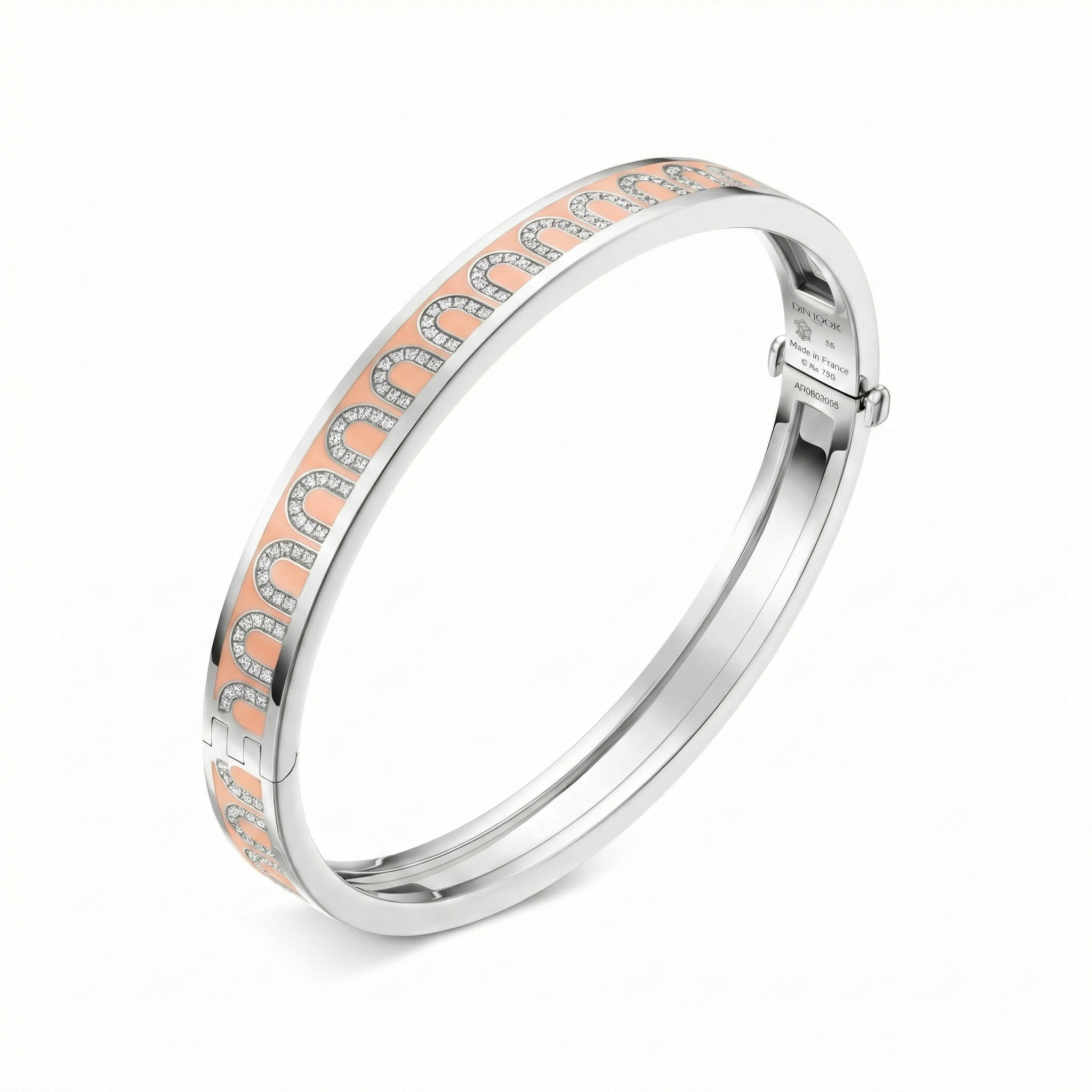 The L'Arc de DAVIDOR Bangle PM in 18k white gold features Bellini-colored lacquered ceramic and Arcade Diamonds, capturing the signature arches motif. Displayed on a white background.