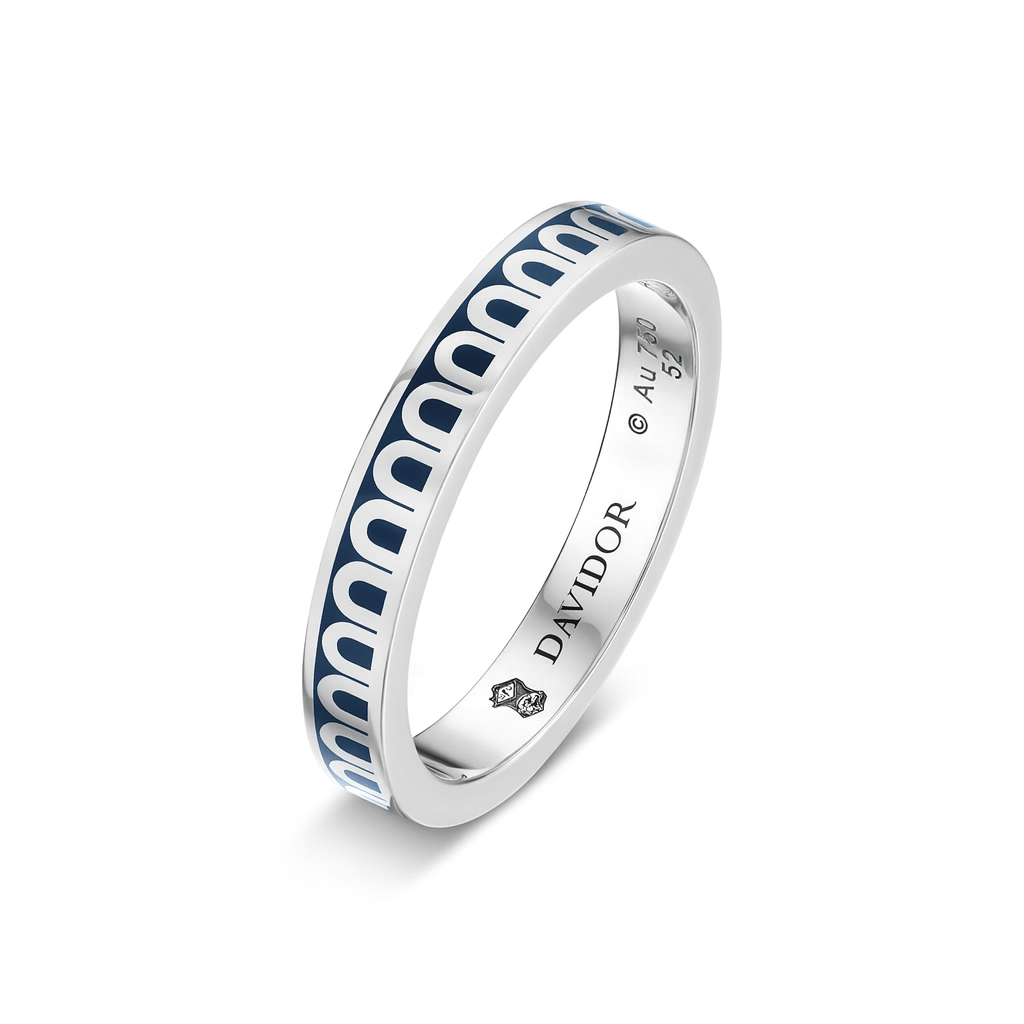 The L'Arc de DAVIDOR Ring PM in 18k white gold showcases the signature Arch pattern with Minuit à Paris lacquered ceramic, engraved with DAVIDOR and hallmarks inside, displayed on a white background.
