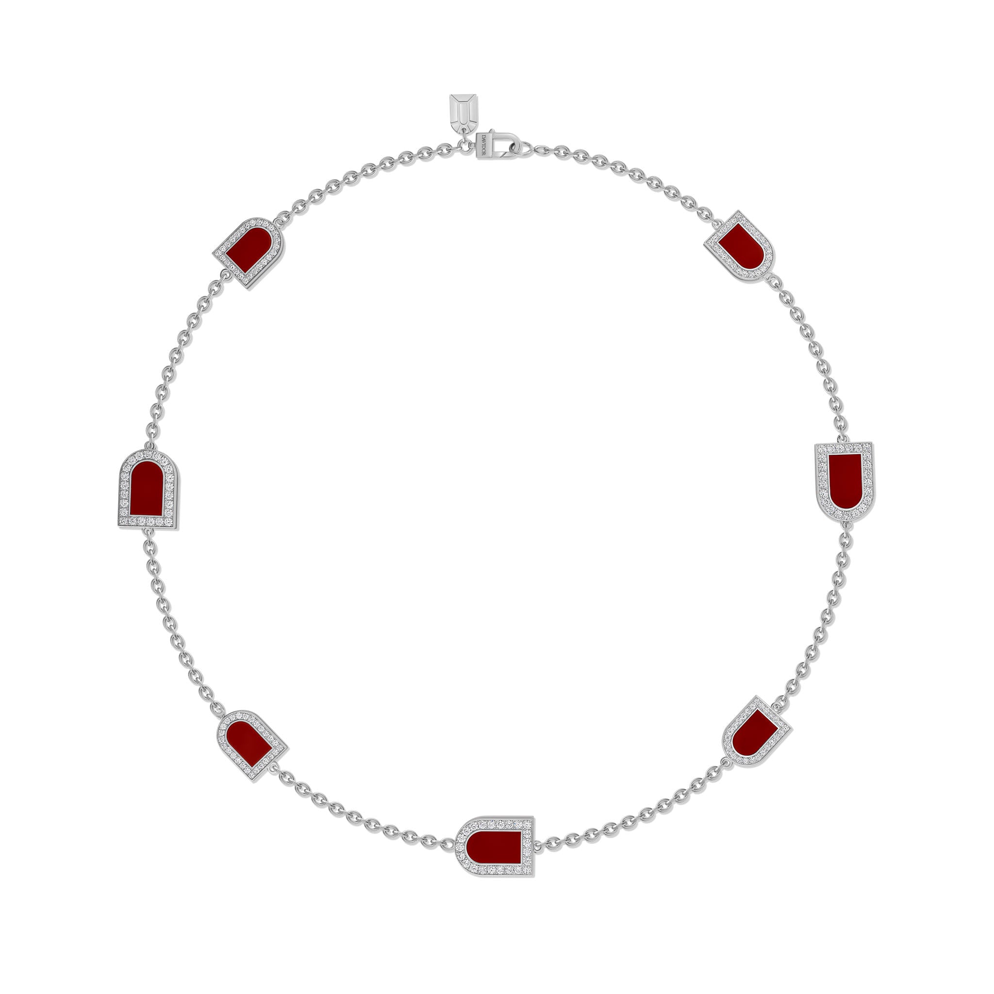 L'Arc Voyage Necklace, 18k White Gold with 7 MM and GM Motifs, with DAVIDOR Bordeaux Lacquered Ceramic and Galerie Diamonds, 42cm - DAVIDOR