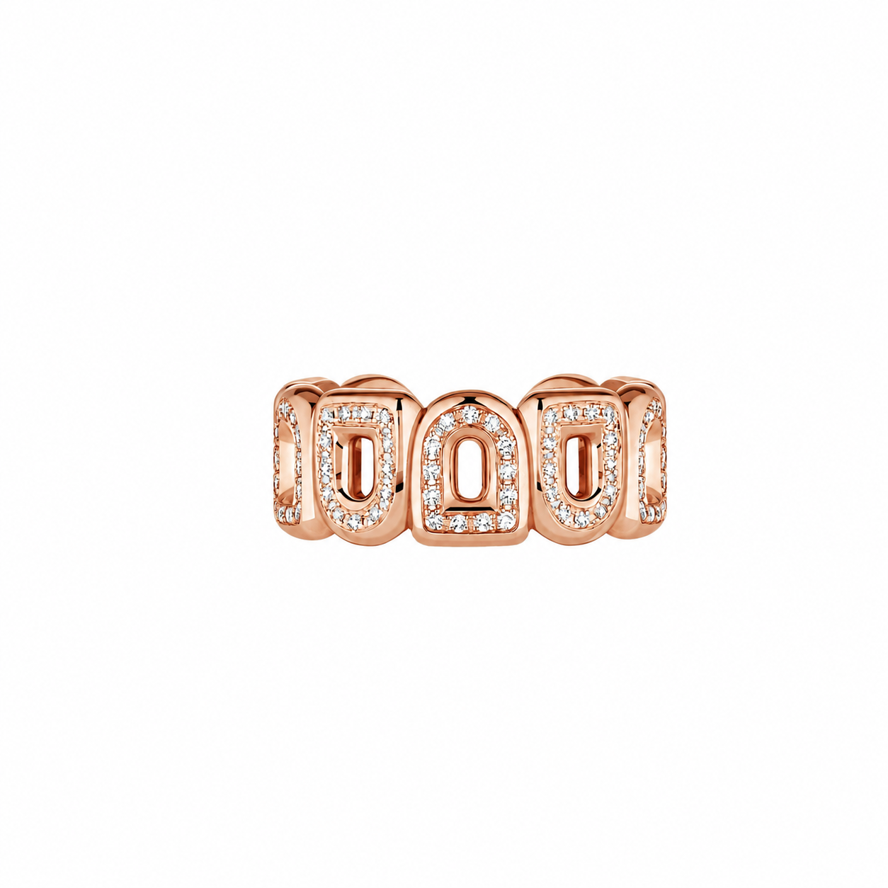 The Pop Arc Inverse Ring MM in 18k Rose Gold with Comlpet Diamonds features repeating geometric motifs set with white diamonds, capturing the bold 1960s Pop Art spirit, shown on a plain white background.