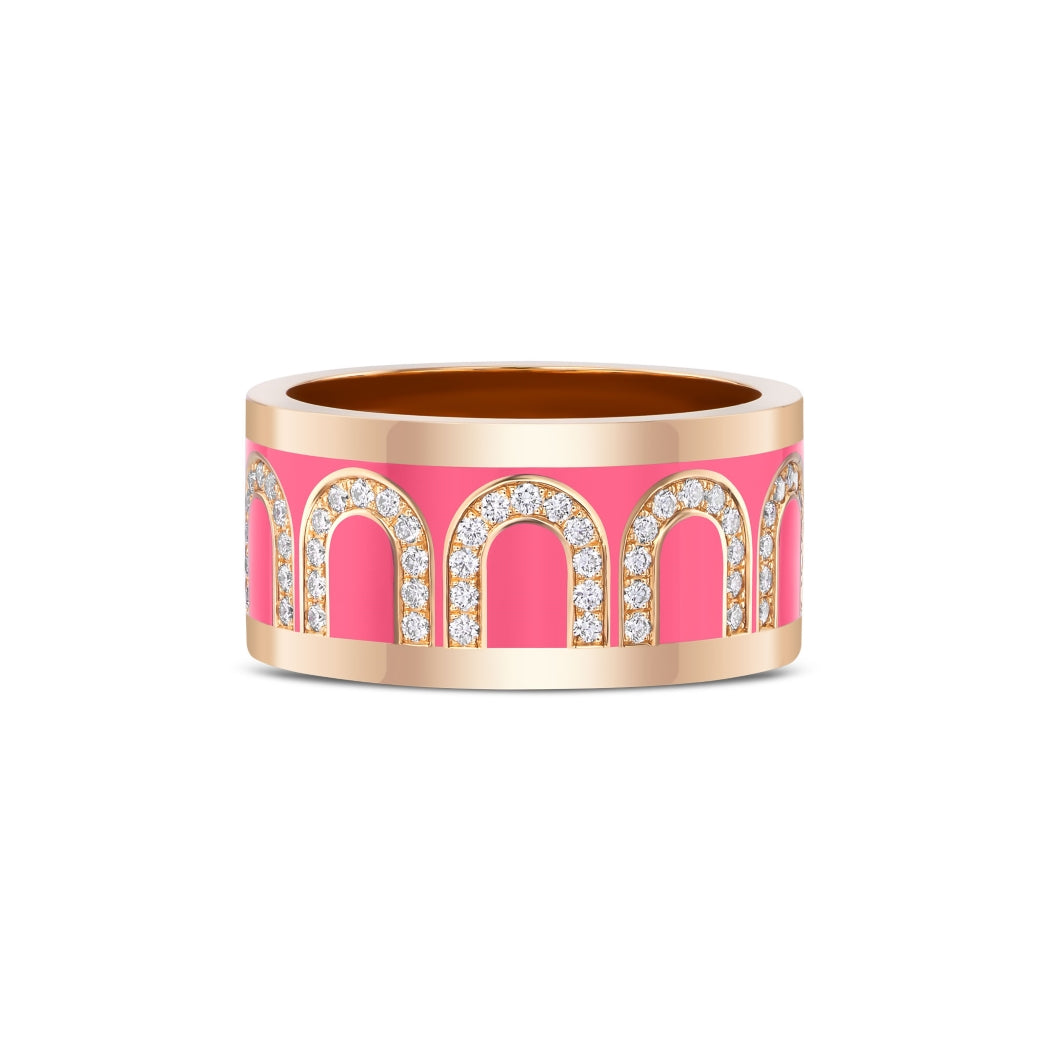 L'Arc de DAVIDOR Ring GM, 18k Rose Gold with Flamant Lacquered Ceramic and Arcade Diamonds - DAVIDOR