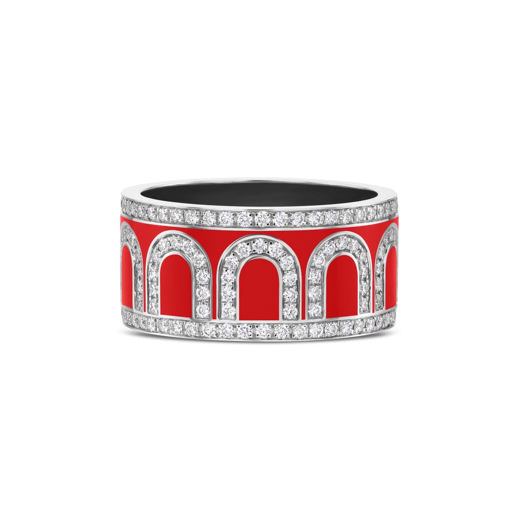 L'Arc de DAVIDOR Ring GM, 18k White Gold with Fraise Lacquered Ceramic and Palais Diamonds - DAVIDOR