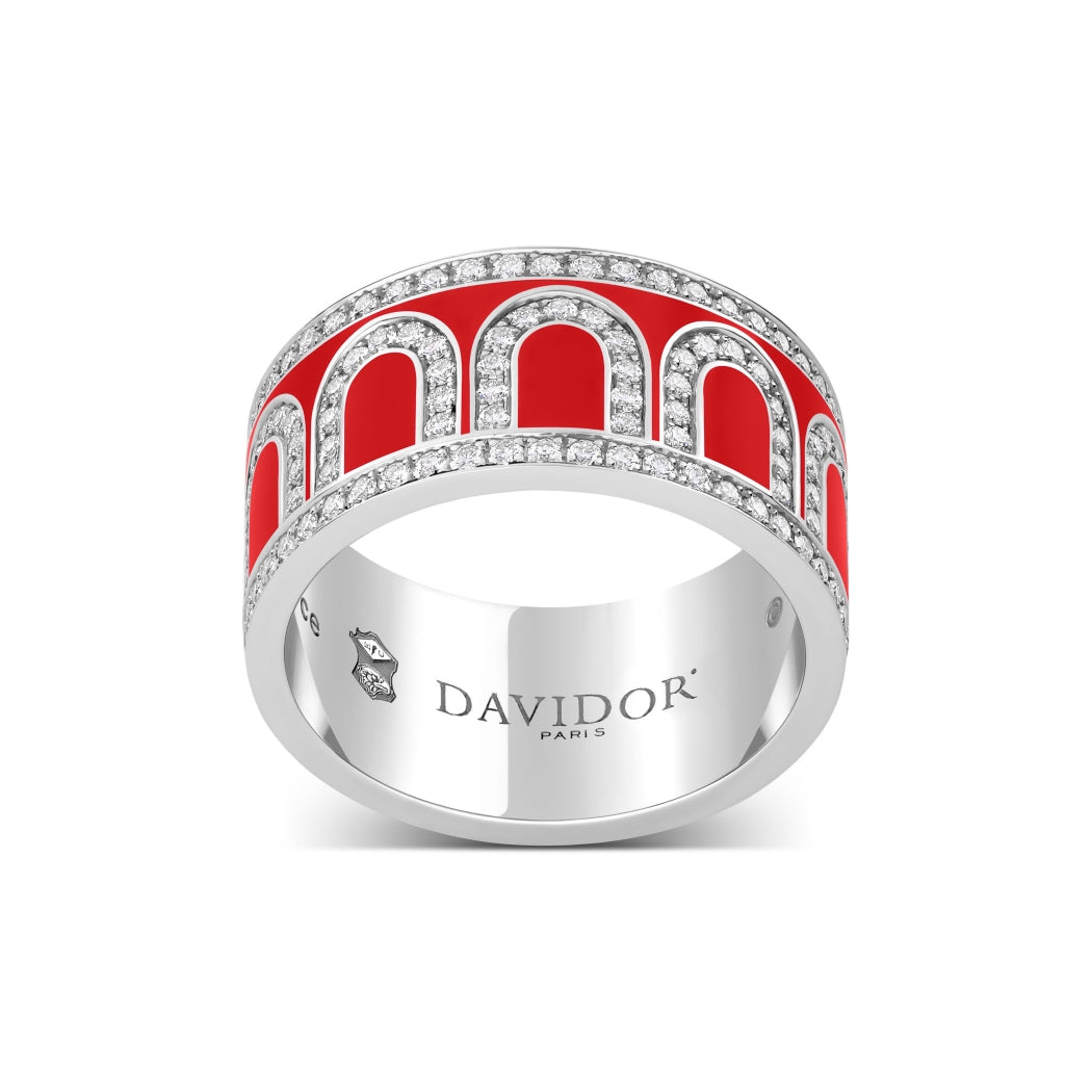 L'Arc de DAVIDOR Ring GM Palais Diamonds, 18k White Gold with Fraise Lacquered Ceramic - DAVIDOR