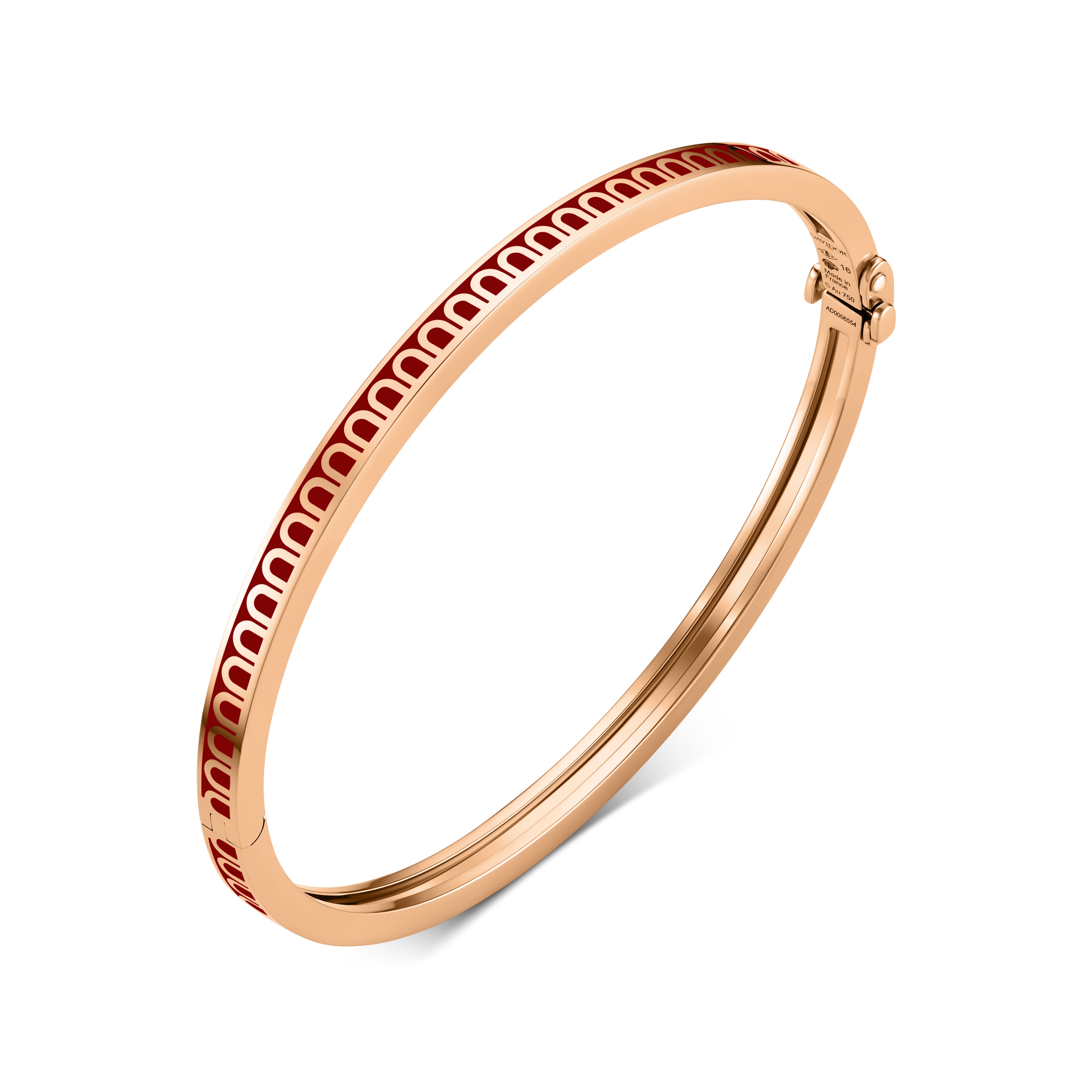 The L’Arc de DAVIDOR Bangle Mini, 18k Rose Gold with Lacquered Ceramic, features a red semicircle pattern and clasp—elegant as a stackable bracelet.